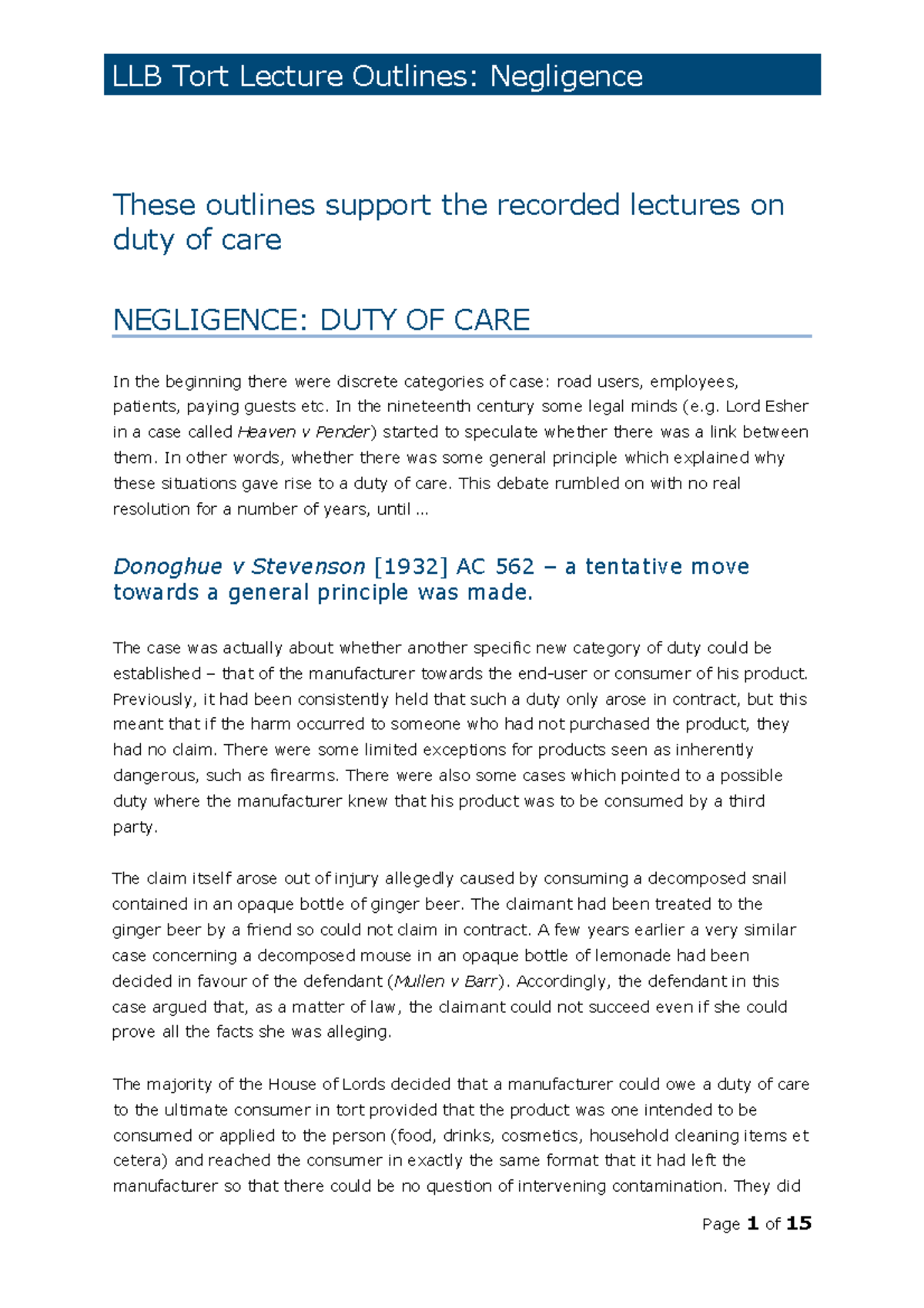 Tort Law Lecture Handout: Duty of Care Insights (Week 6 2020-21) - Studocu
