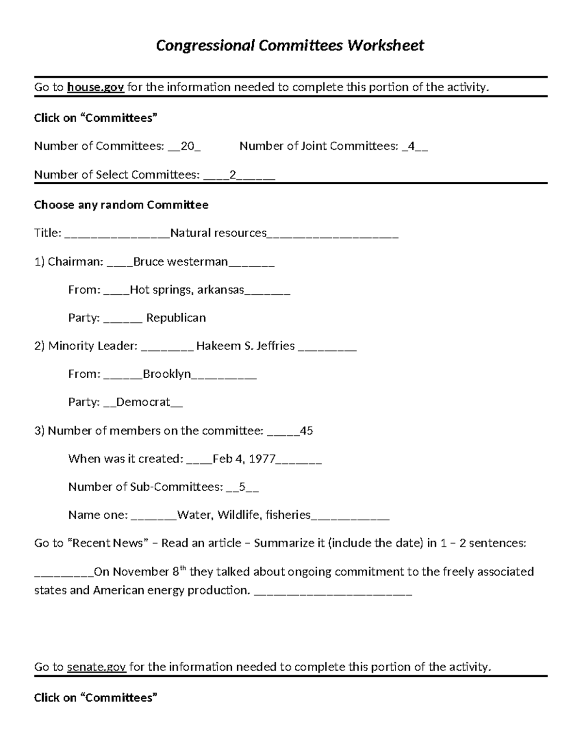 Congressional Committees Worksheet - Activity & Notes - Studocu