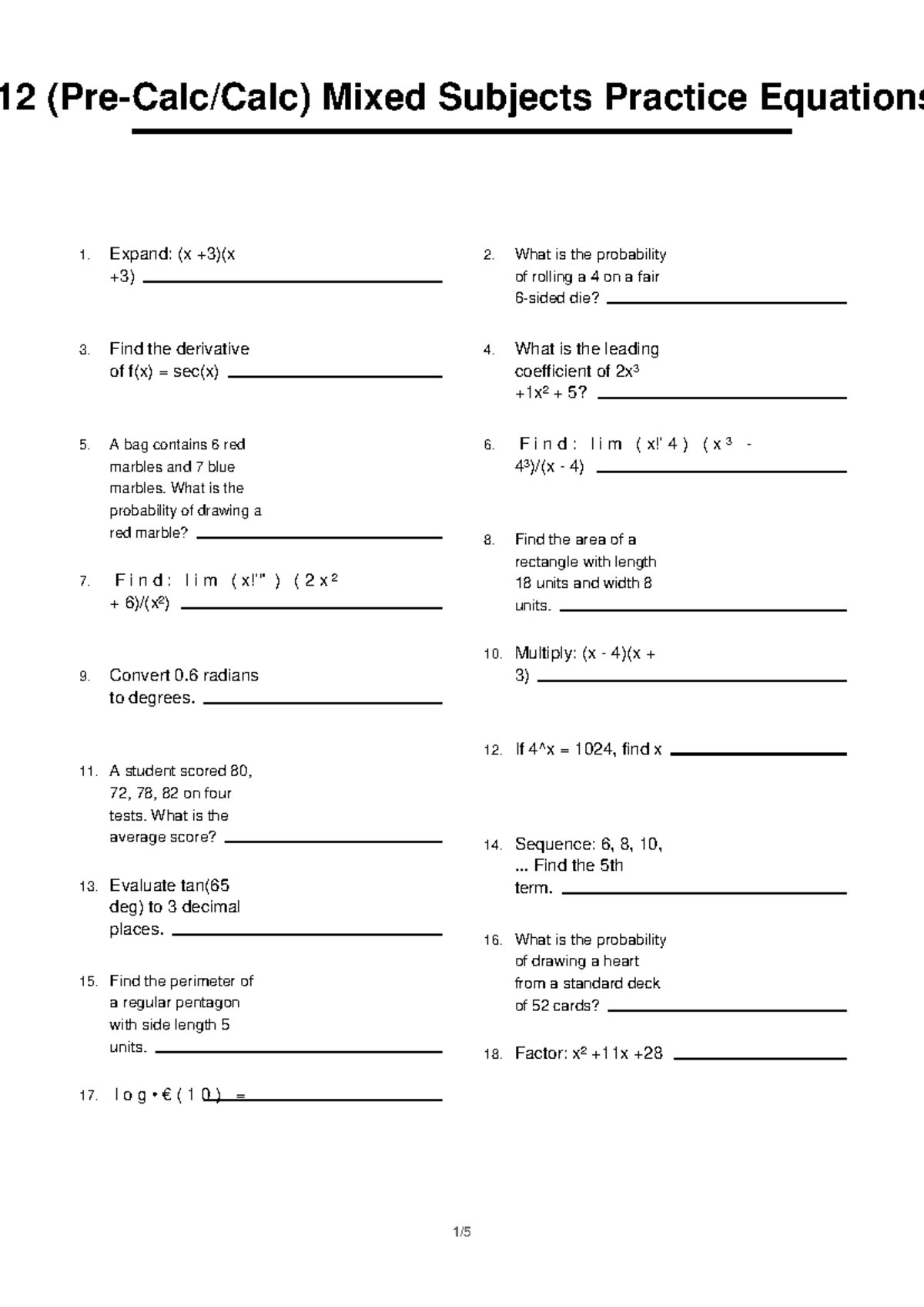 Calc Mixed Subjects Practice Equations 1: Problem Set - Studocu