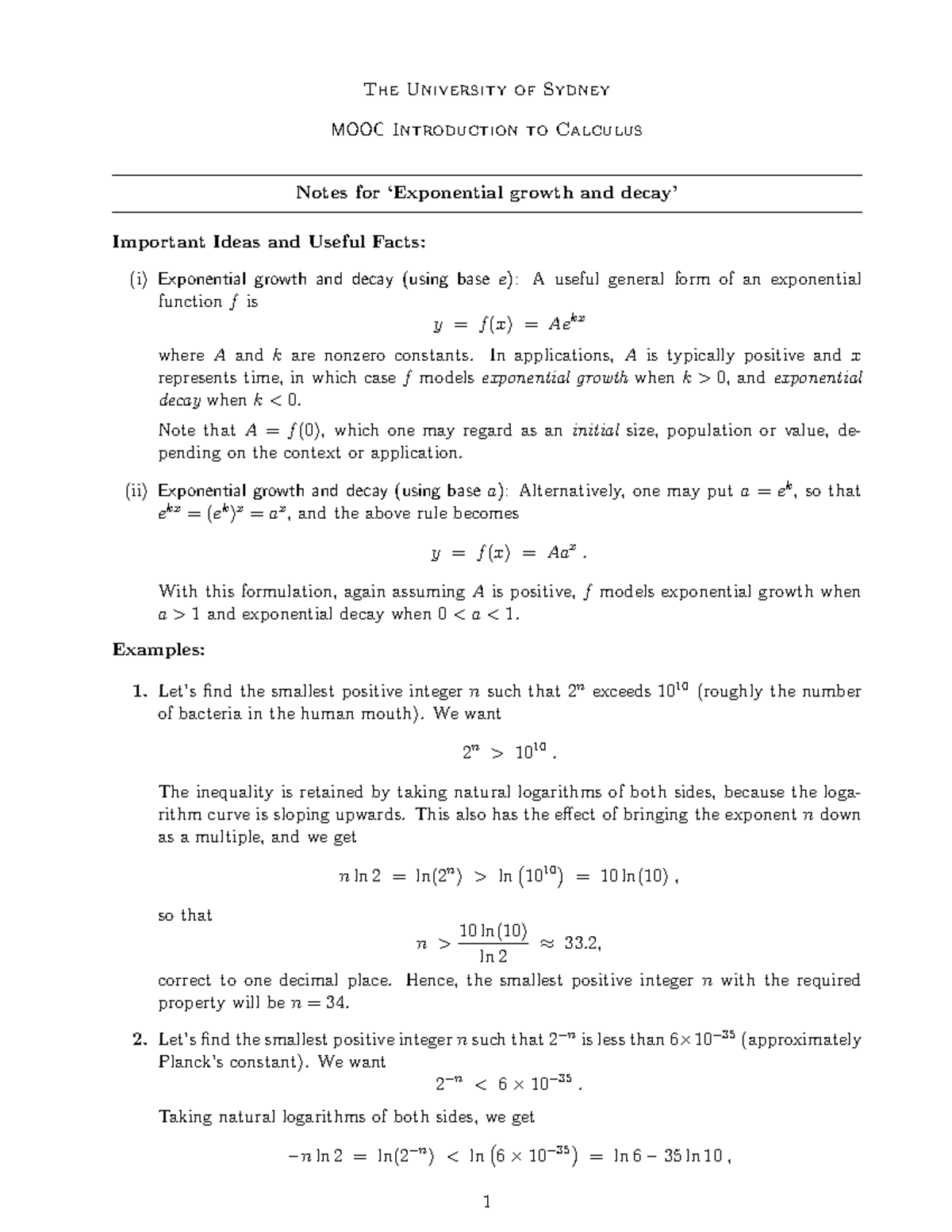 The University of Sydney MOOC MATH1010 Exponential Growth and Decay ...