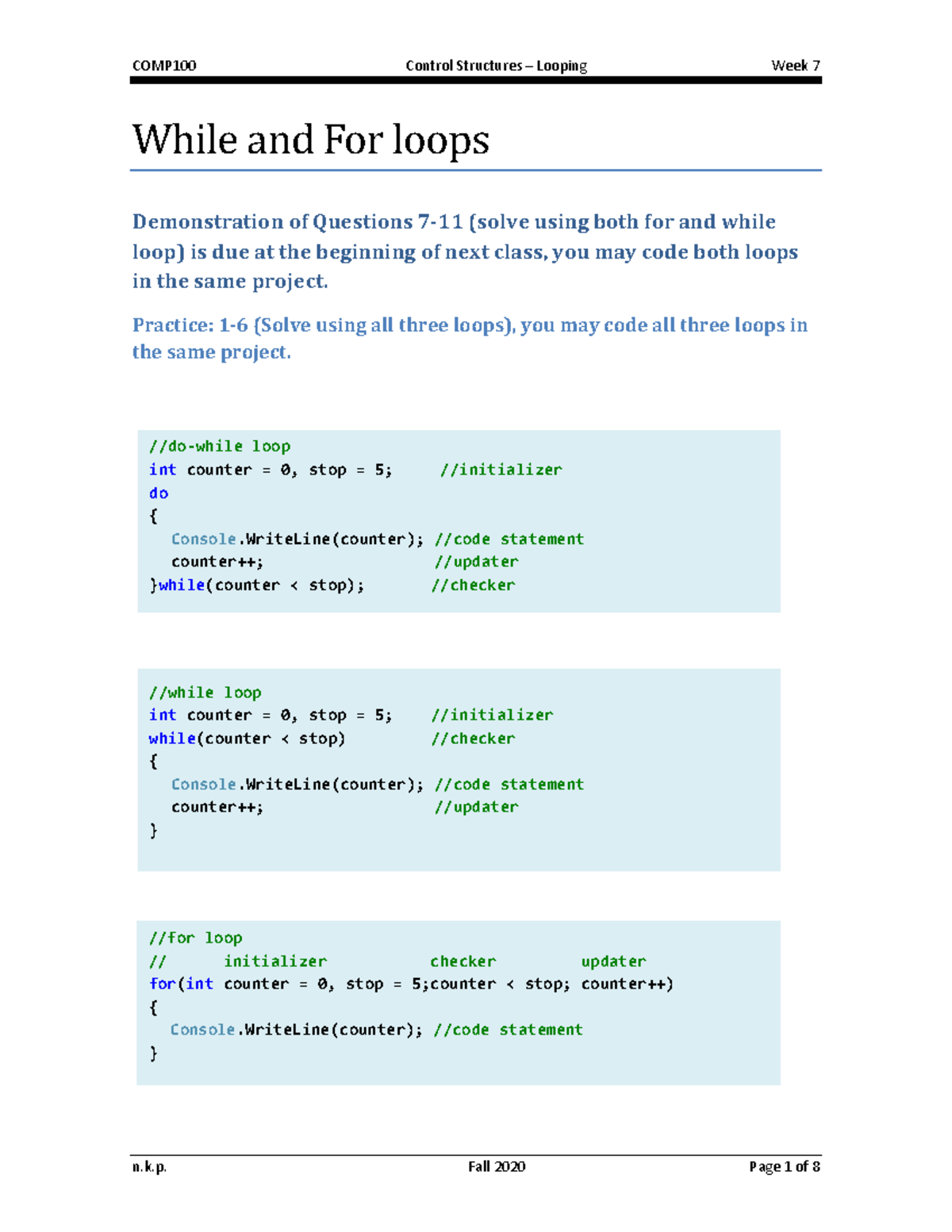 Wk07 Lab For While Loops Assignment - While and For loops Demonstration ...