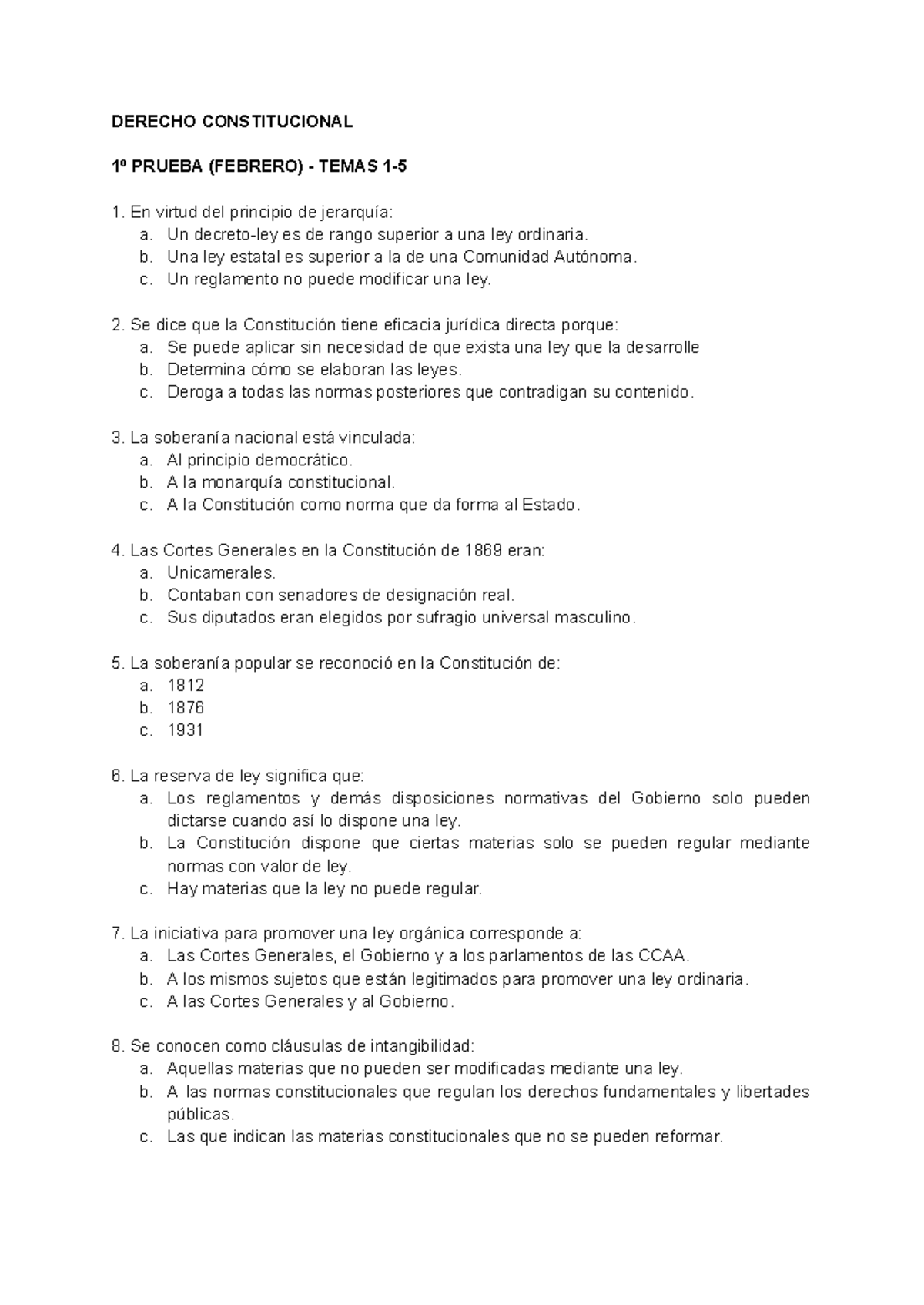 DERECHO CONSTITUCIONAL 1º PRUEBA (FEBRERO) - TEST DE TEMAS CLAVE - Studocu
