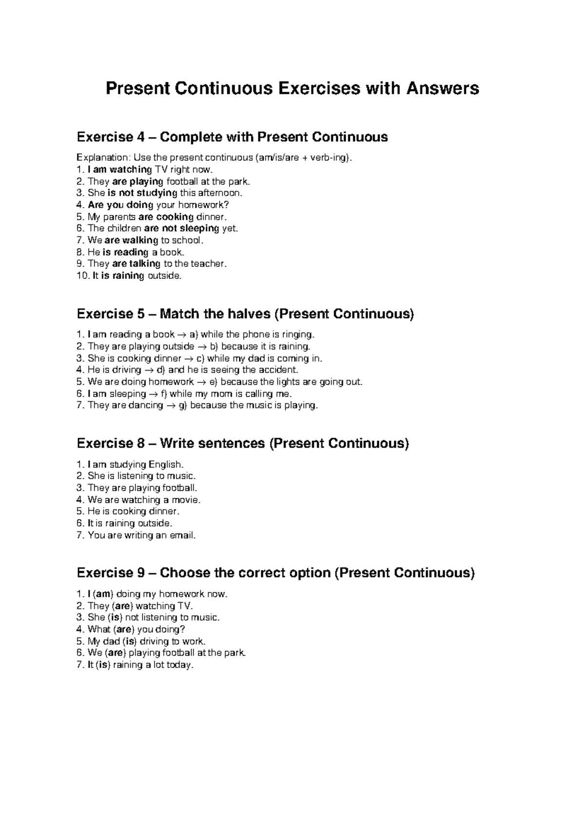 Present Continuous Exercises & Answers (Exercise 4-9) - Studocu