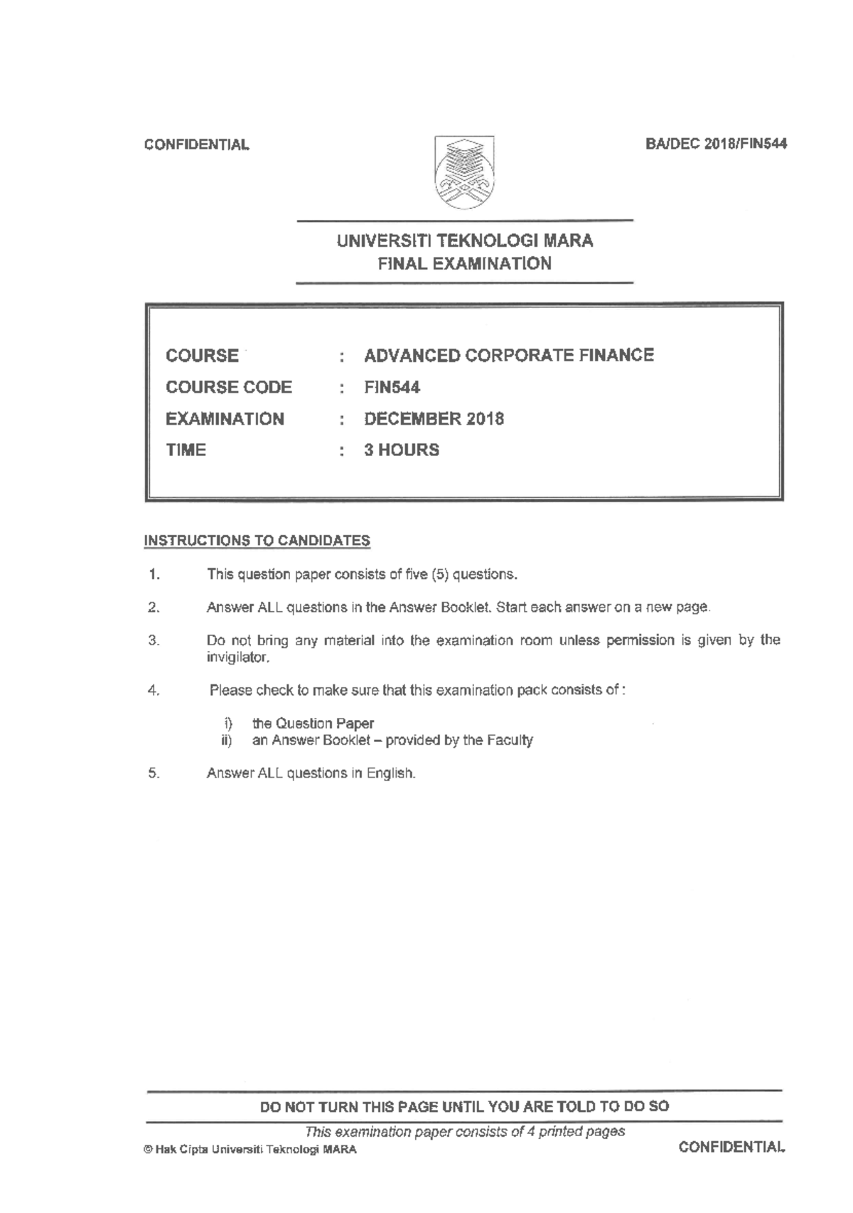 past year question - Corporate Finance - Studocu