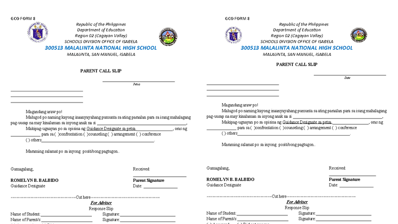 Parent Call Slip Template - GCO FORM 8 for Guidance Meetings - Studocu