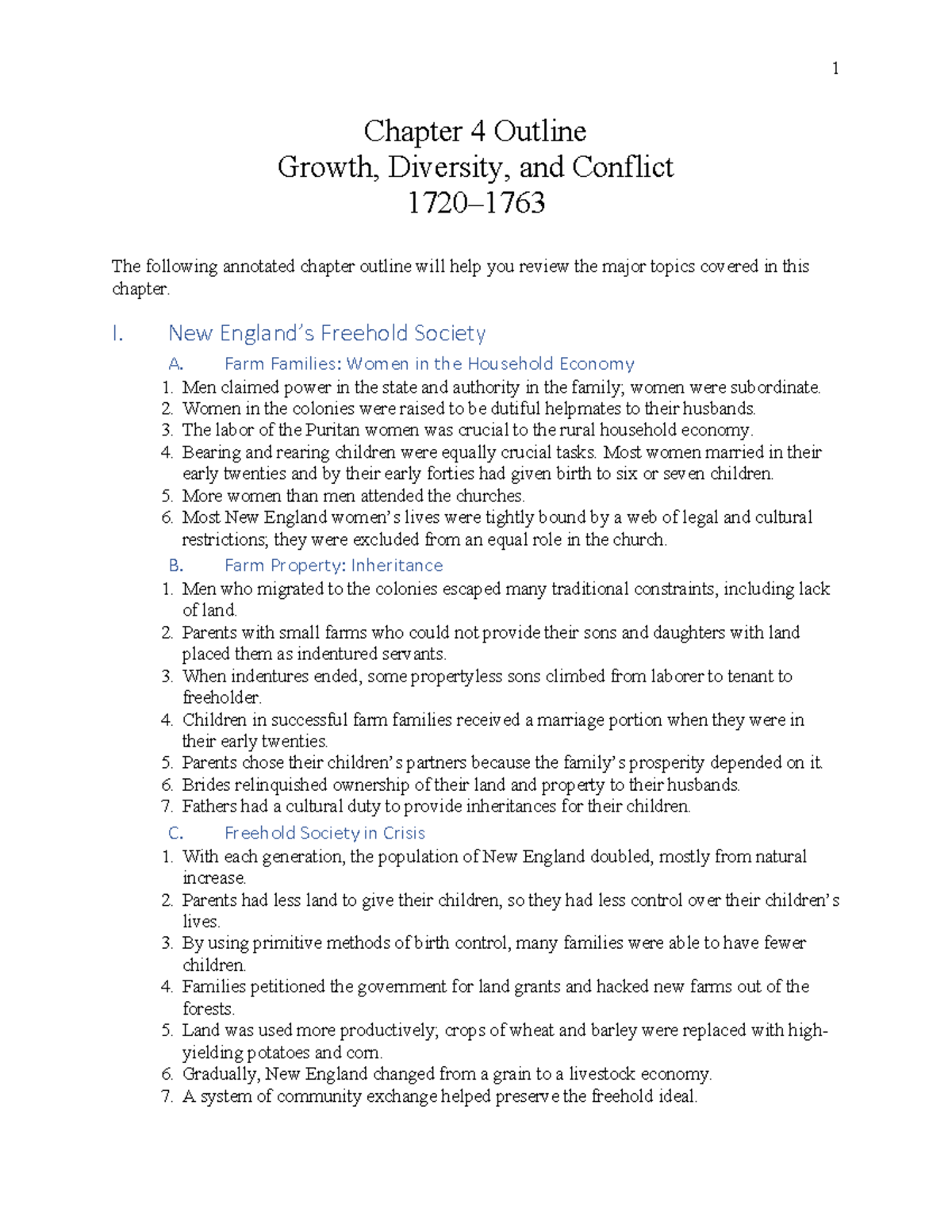 Chapter 4 Outline: Growth, Diversity, and Conflict (1720–1763 ...