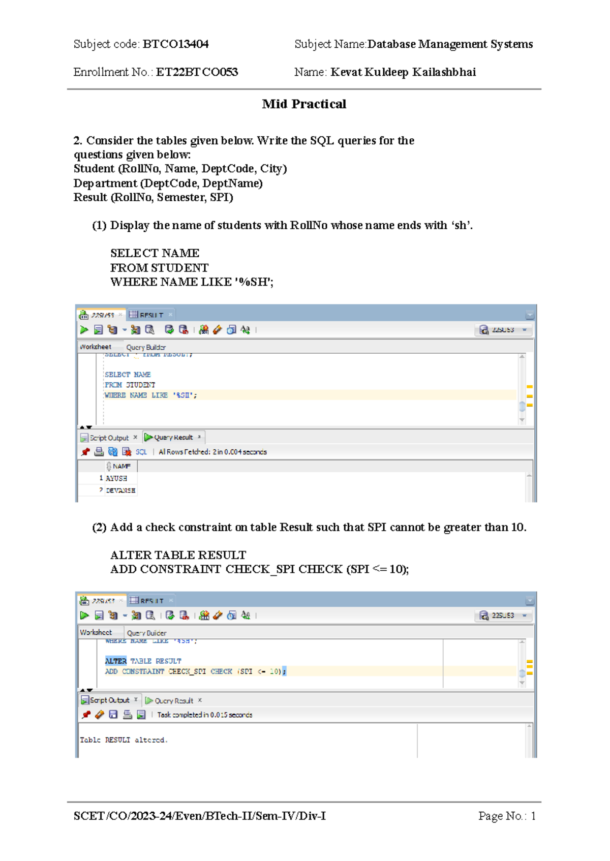 MIDPrac: SQL Queries for Mid Practical Exam (ET22BTCO053) - Studocu