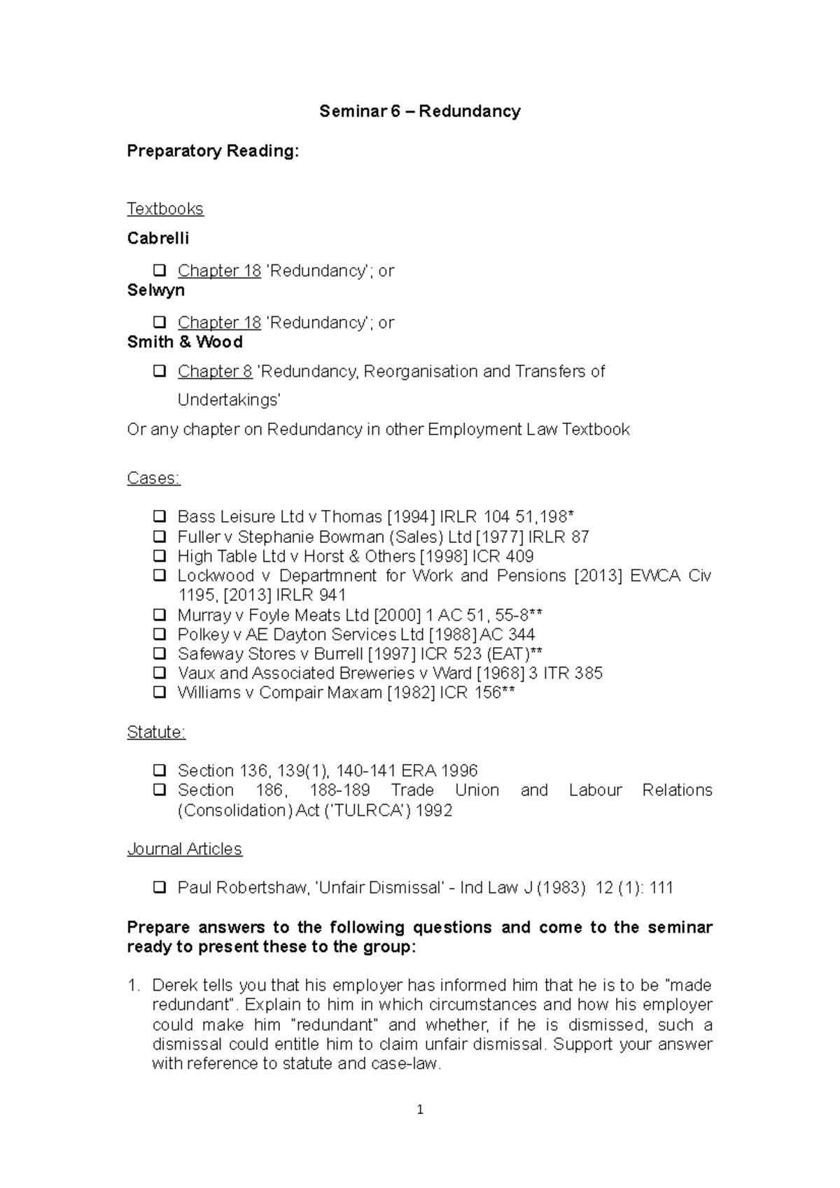 Seminar 6: Understanding Redundancy in Employment Law - Studocu