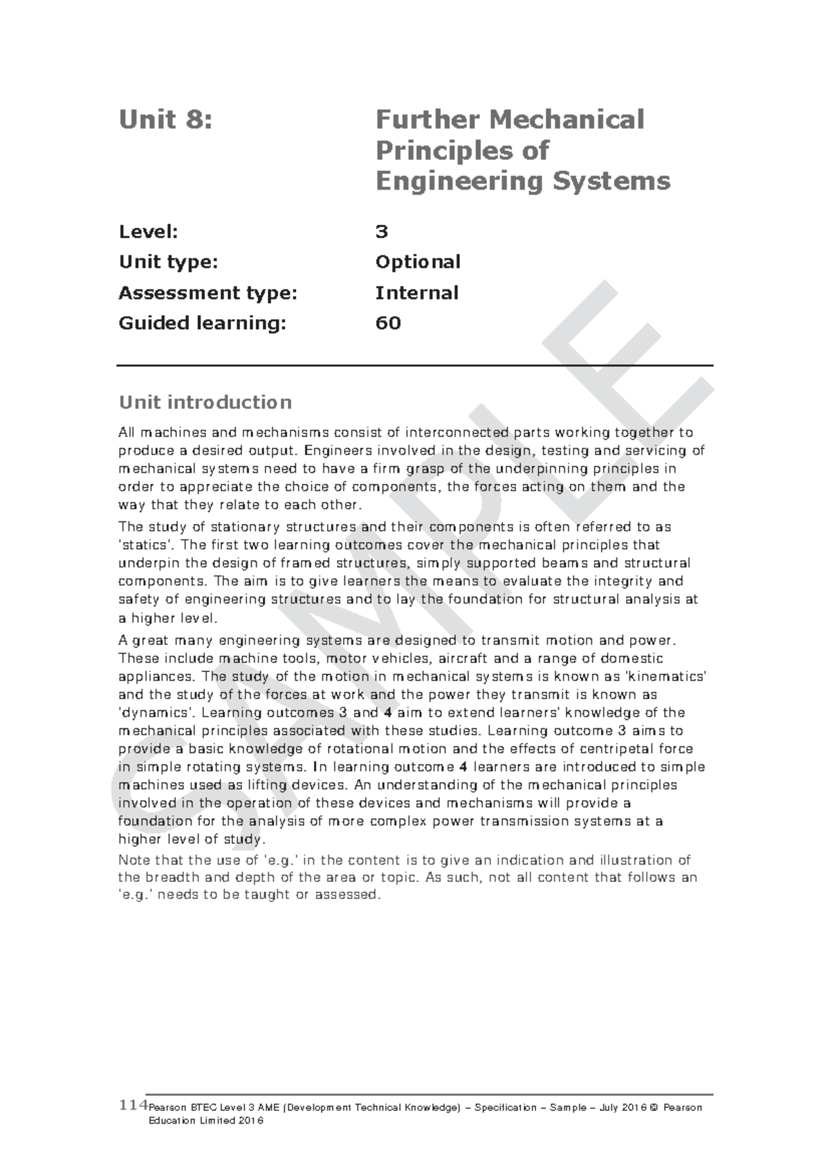 BTEC Level 3 AME Unit 8: Further Mechanical Principles Overview - Studocu