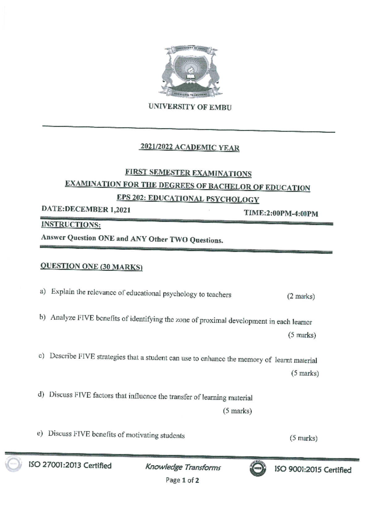 EPS 202 Final Exam: Educational Psychology December 2021 - Studocu