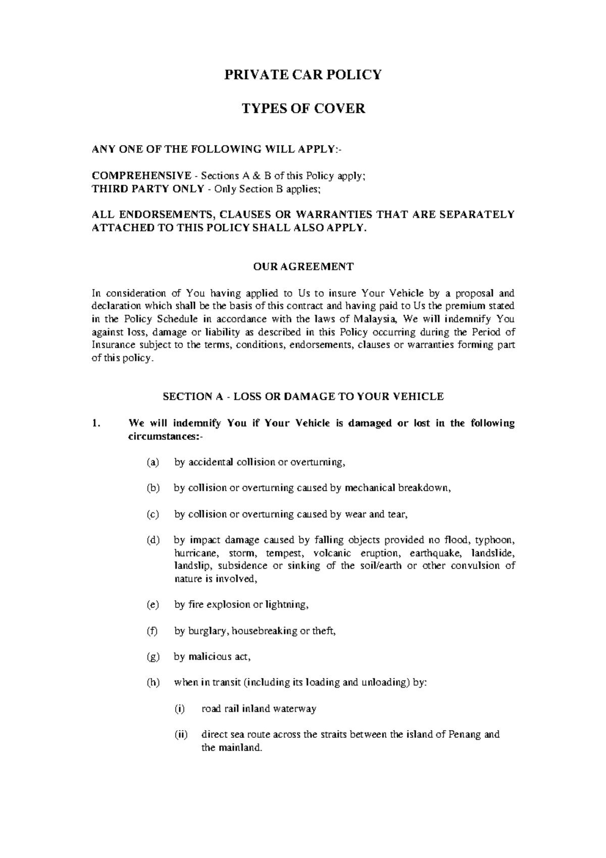 Standard Motor Tariff Policy Sample: Private Car Coverage Outline - Studocu