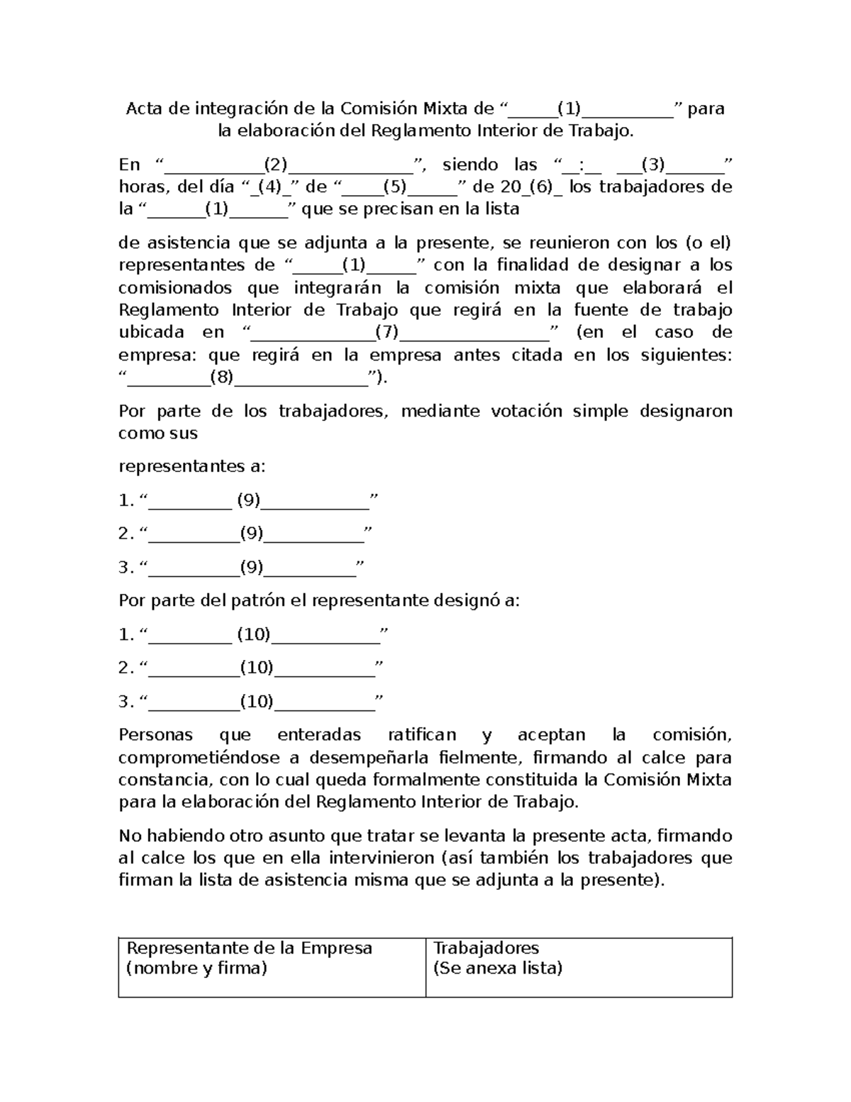 Acta de Integración de la Comisión Mixta para el Reglamento Interior ...
