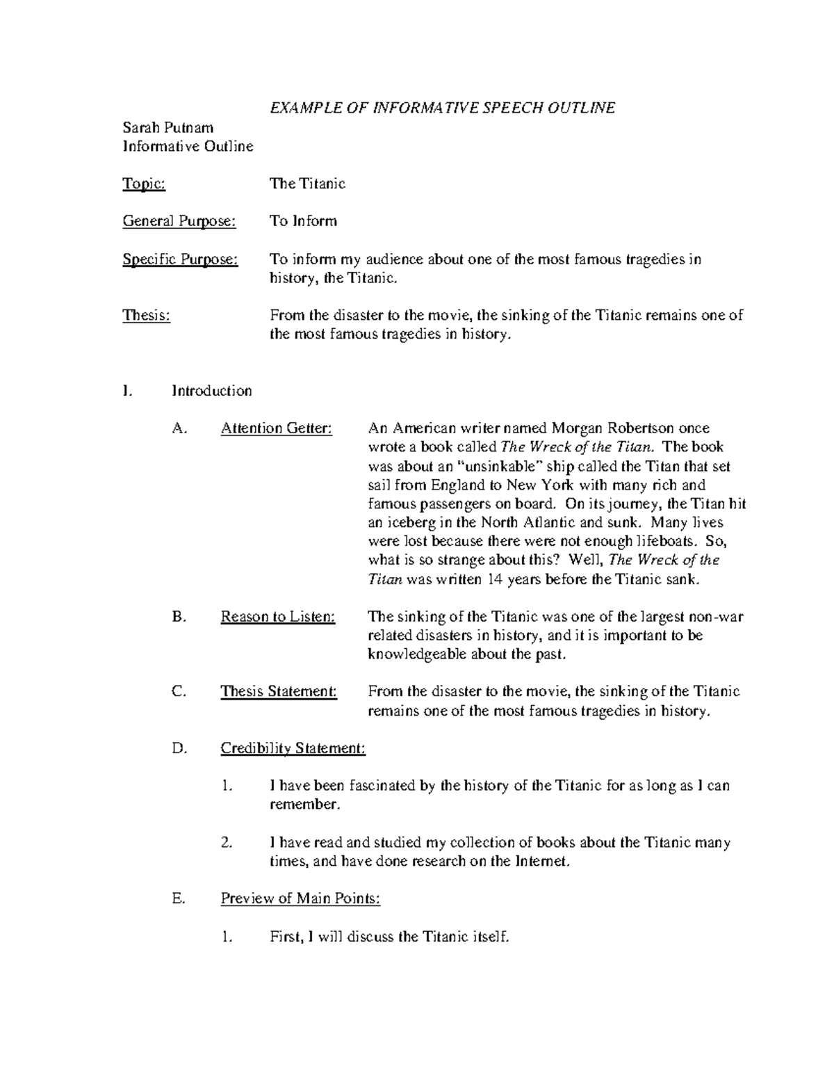 Week 2 - Informative outline sample - EXAMPLE OF INFORMATIVE SPEECH ...