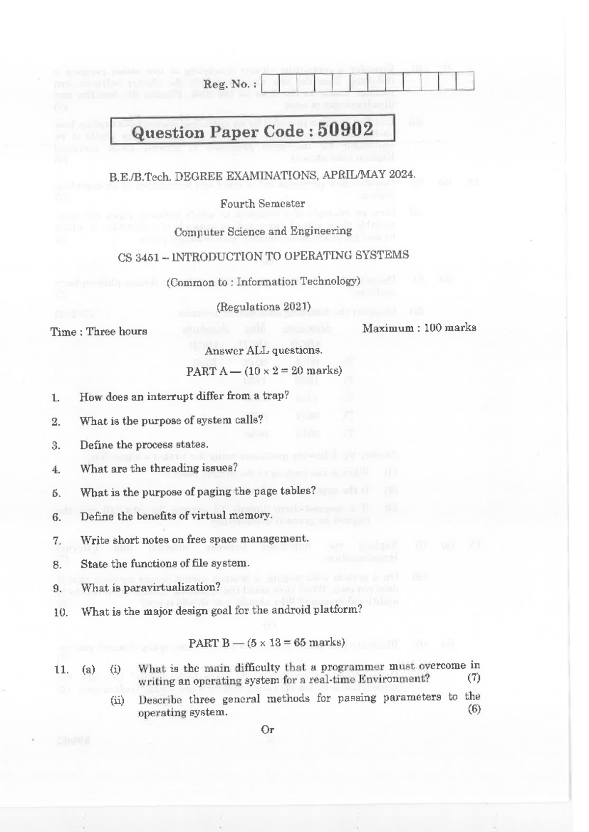 Final Exam Question Paper for CS 3451: Introduction to Operating ...