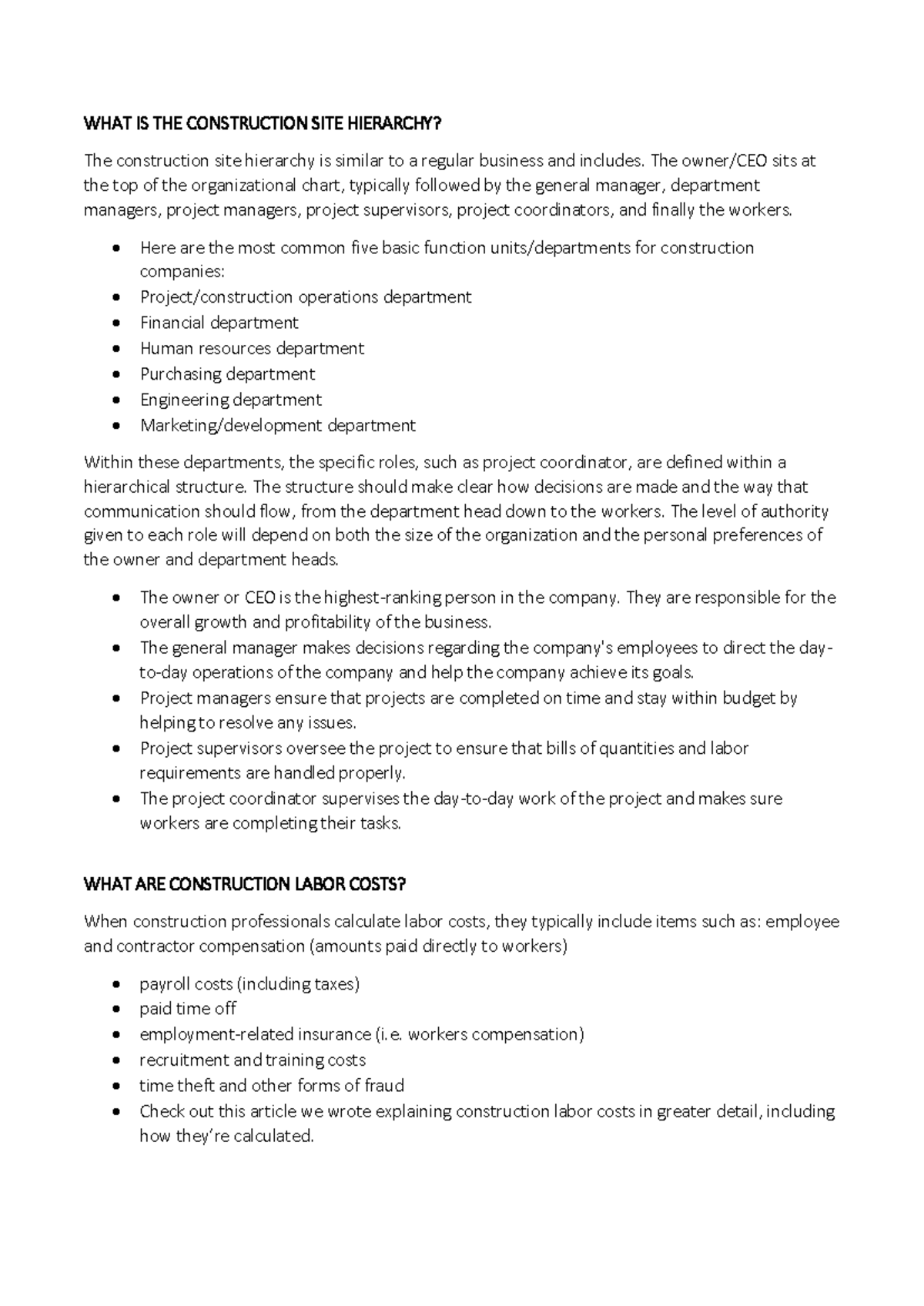 BTech 5 Construction Site Hierarchy and Cost Analysis Notes - Studocu