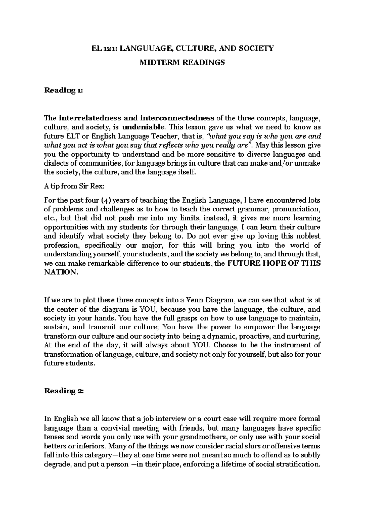 EL 121: Language, culture, and society midterm readings overview - Studocu