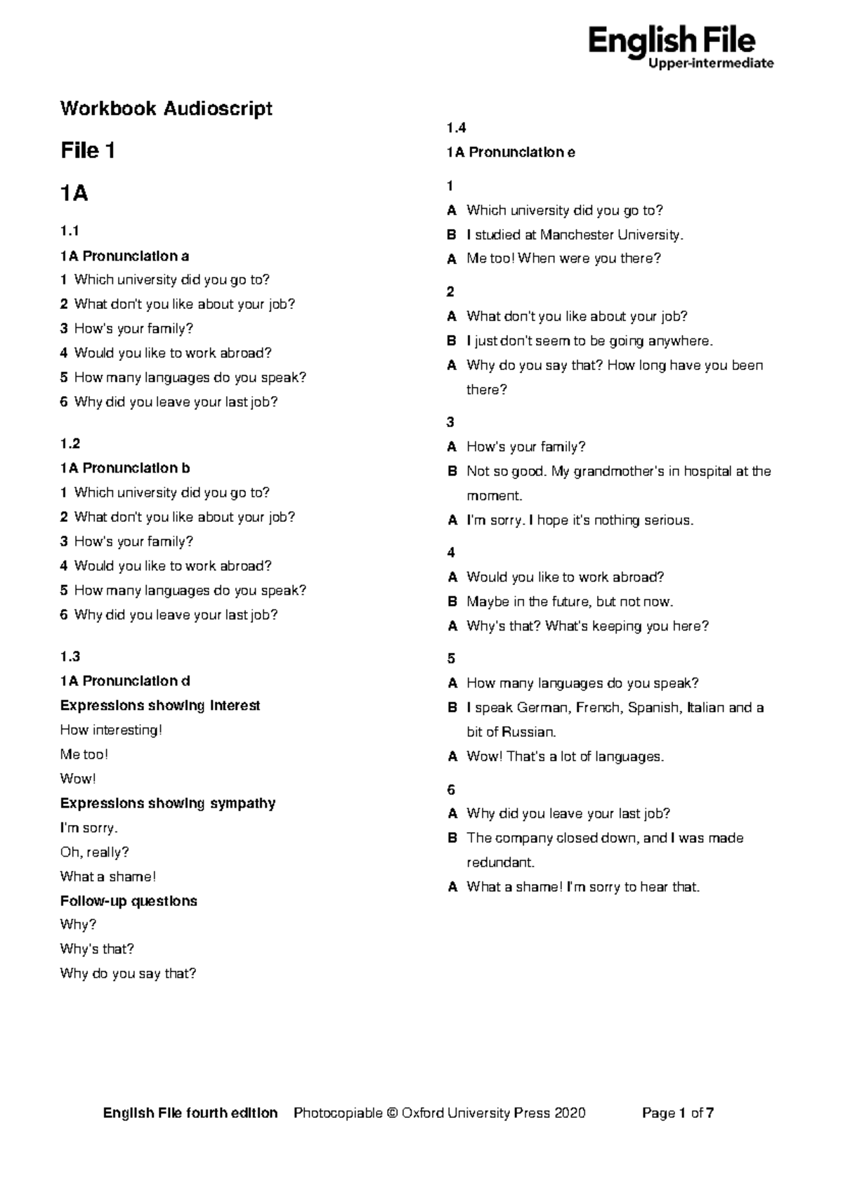 English File 4e Upper Intermediate WB script - File 1 1A 1. 1A ...