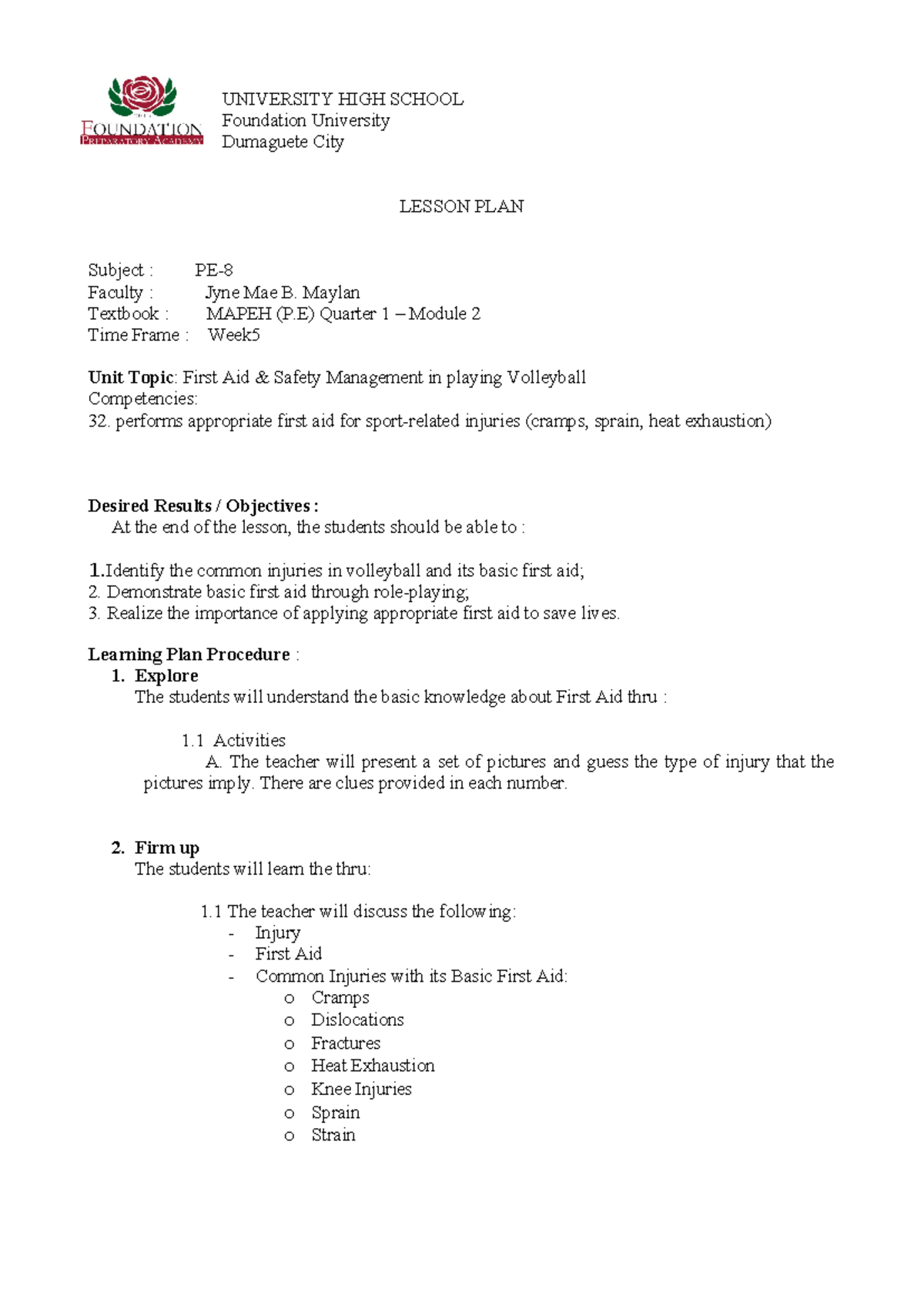 MAPEH 8 - Lesson Plan on First Aid & Safety in Volleyball - Studocu