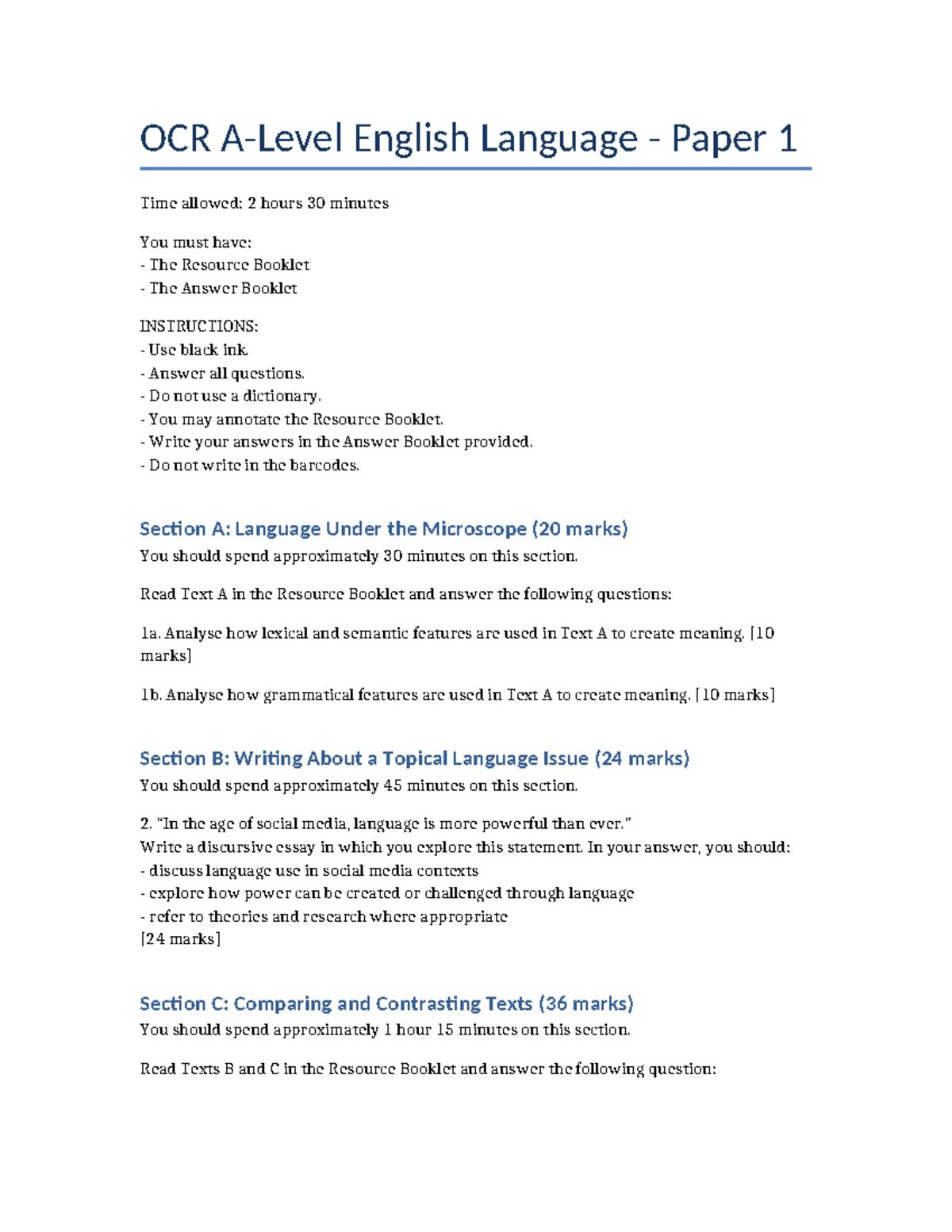 OCR English Language Paper 1 Question Paper - OCR A-Level English ...
