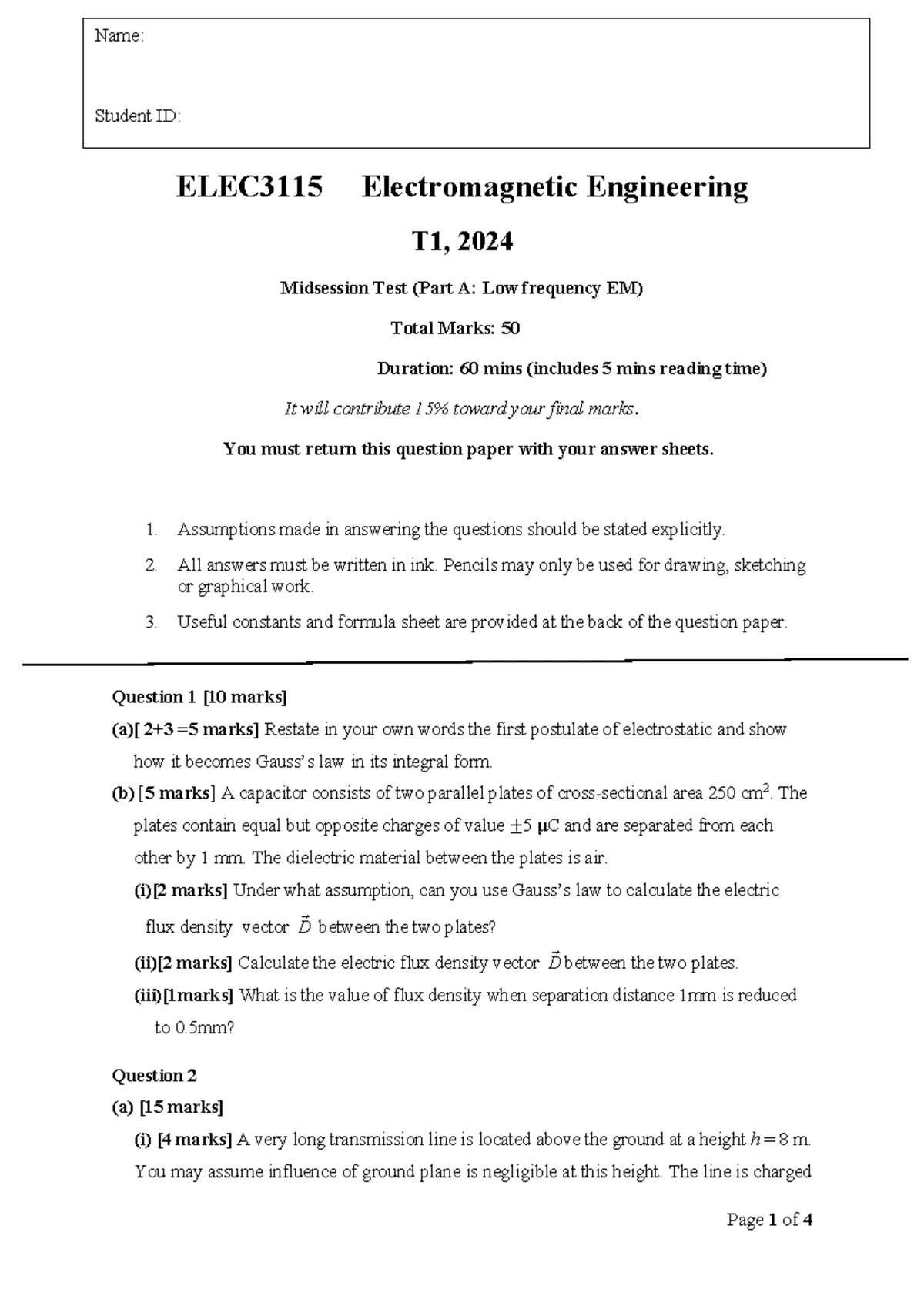 ELEC3115 Final Exam Paper - Electromagnetic Engineering, Term 1, 2019 ...