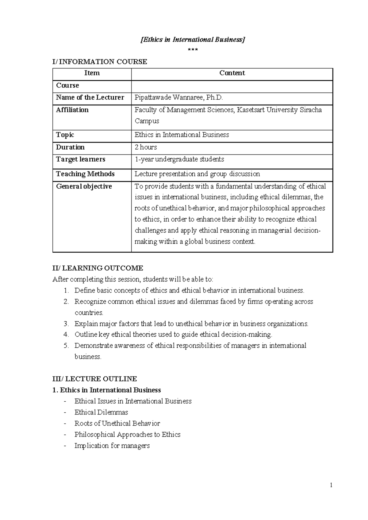 INB 101: Lecture Outline on Ethics in International Business - Studocu