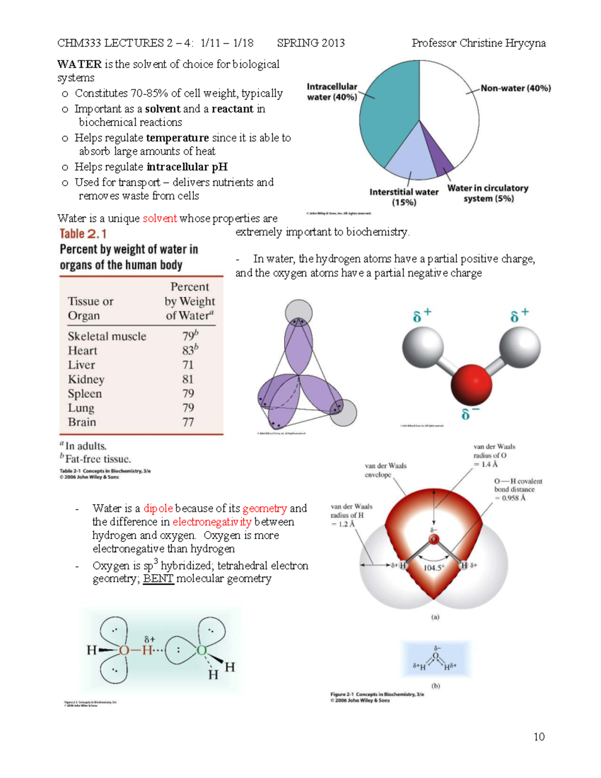 LECTURES 2 4: SPRING 2013 - Water's Role in Biochemistry and pH ...