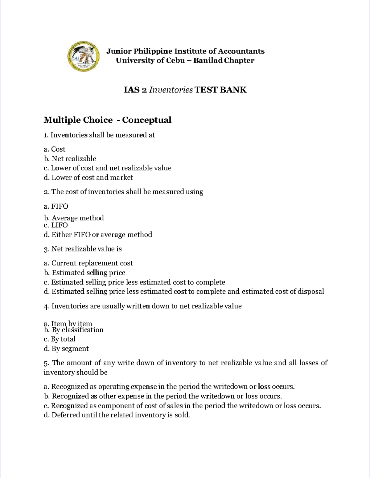 IAS 2 Inventories Test Bank: Multiple Choice Questions & Answers - Studocu