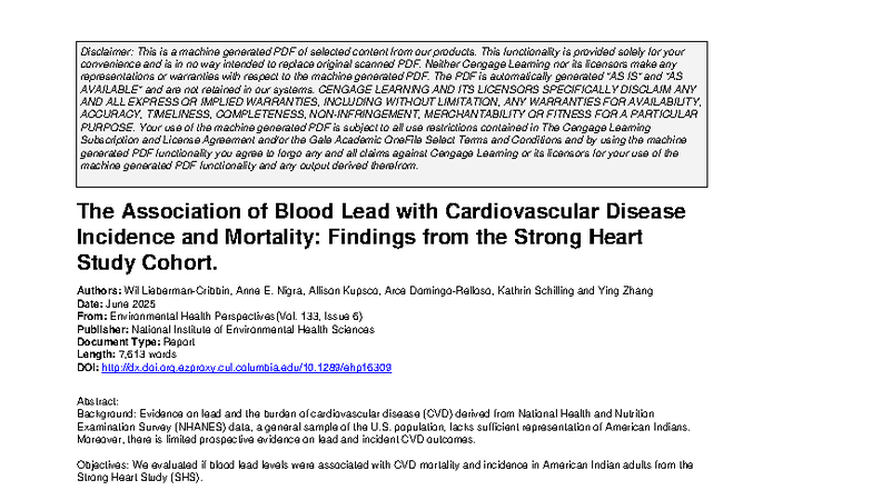 The Association of Blood Lead with CVD: Findings from the Strong Heart ...