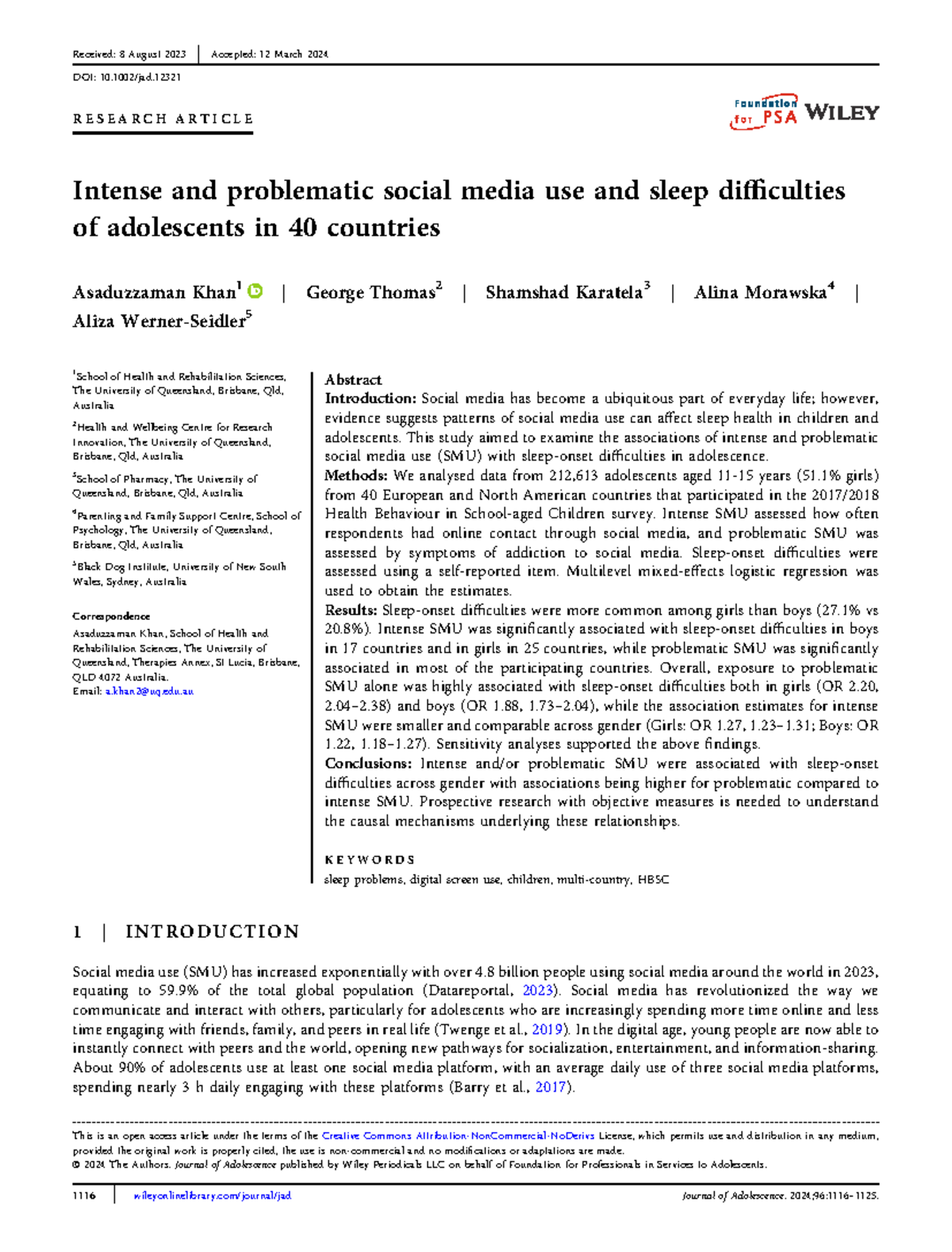 Intense and Problematic Social Media Use: Sleep Difficulties in ...