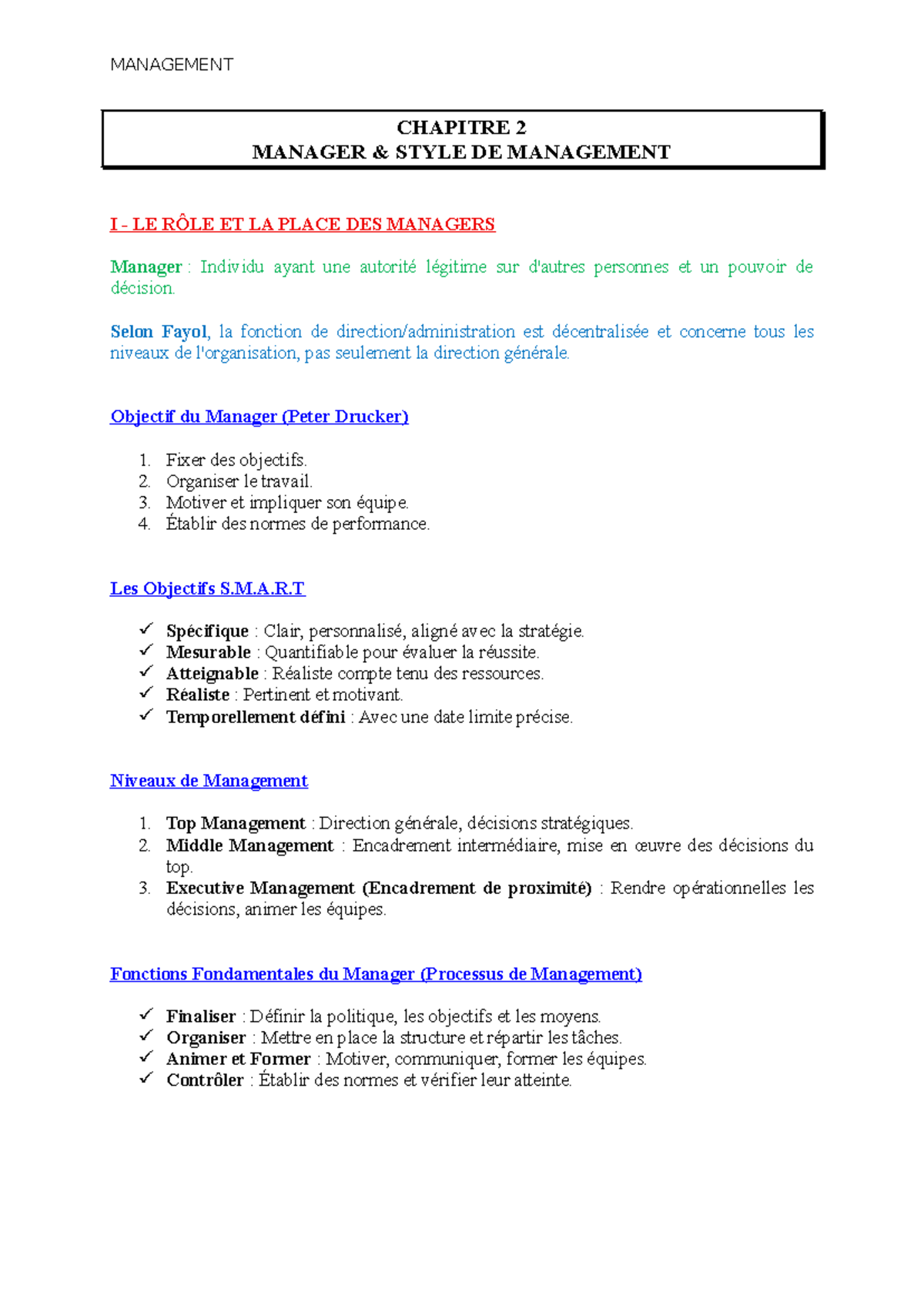 Management - Chapitre 2 - Styles de Management et Rôles des Managers ...