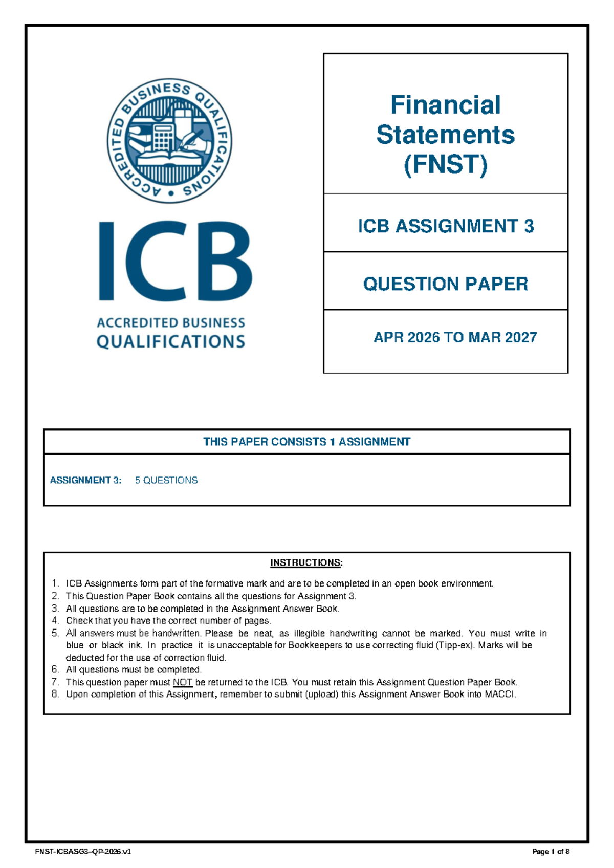 FNST ICB Assignment 3 Question Paper: Financial Statements Overview ...