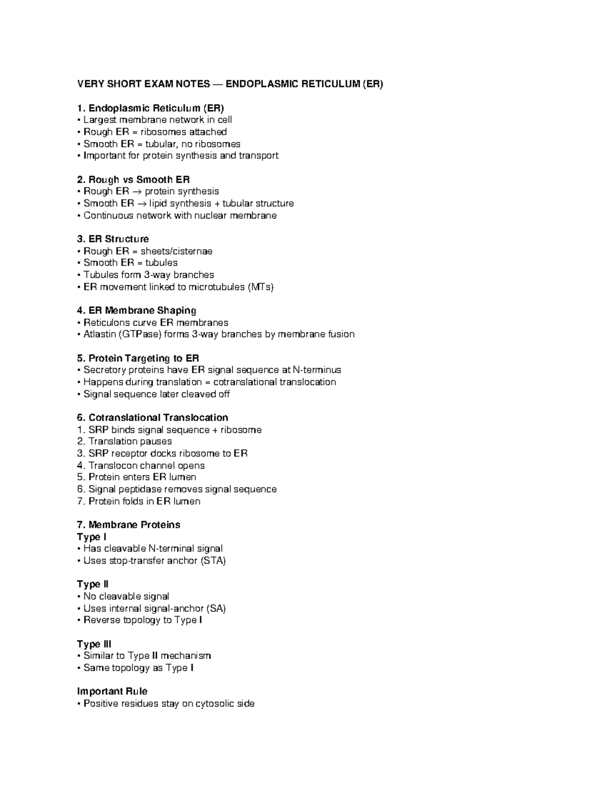 ER Exam Notes: Key Concepts on Endoplasmic Reticulum (ER) Functions ...