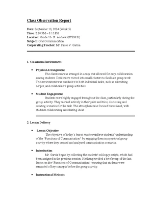 WEEK 3 - COR - Class Observation Report - Class Observation Report Date ...