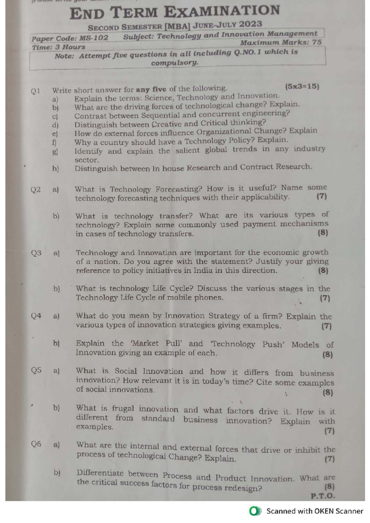 END TERM EXAMINATION II SEMESTER 2023 Paper Code: Technology and ...