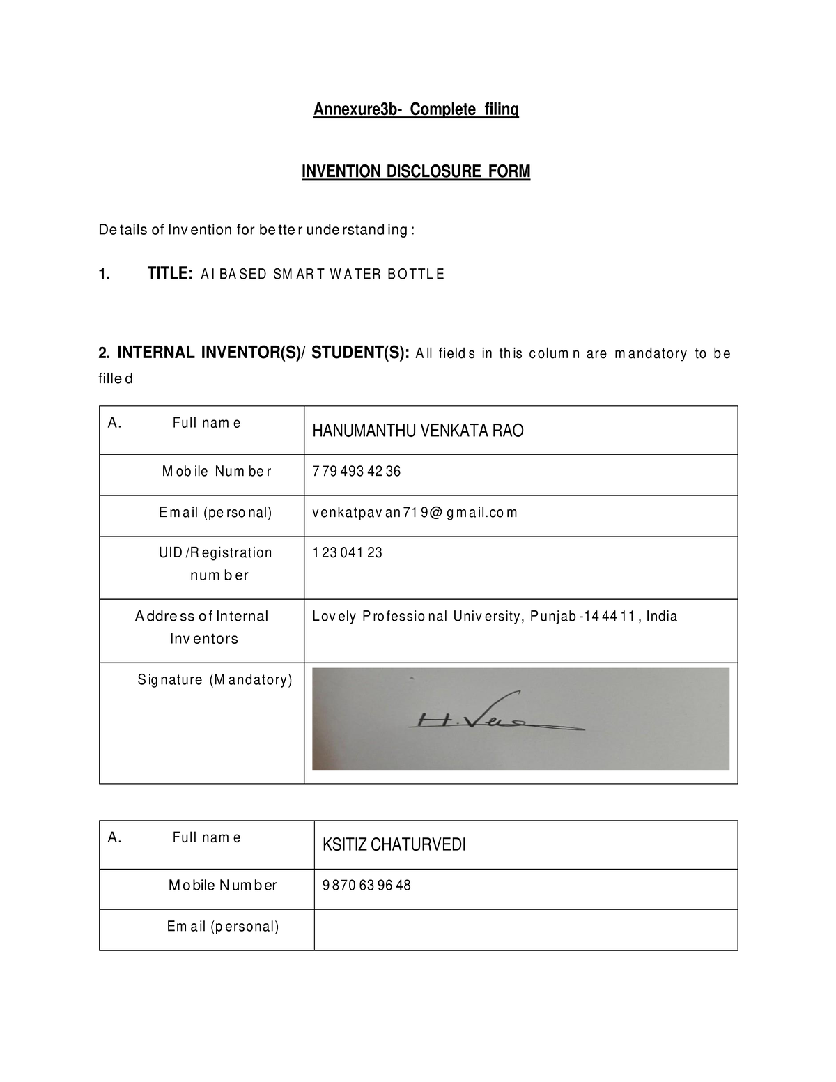 AI-Based Smart Water Bottle Invention Disclosure Form (AI 101) - Studocu