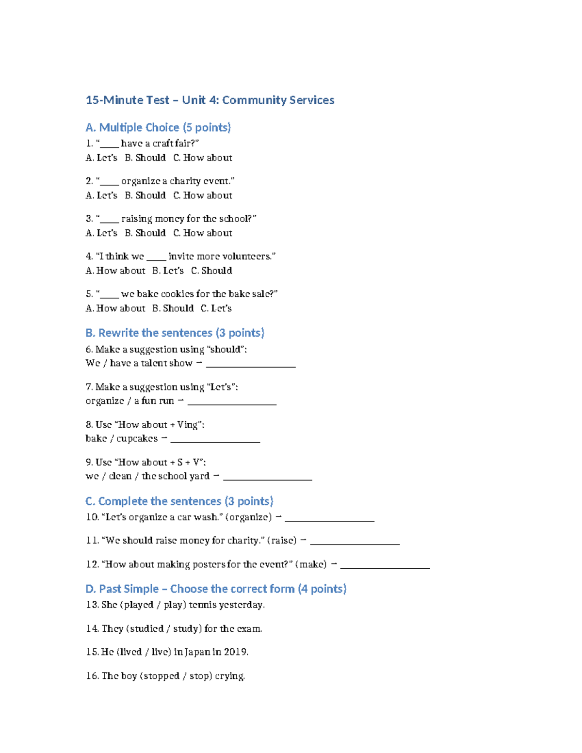Unit 4: Community Services Test - Multiple Choice & Sentence Completion ...