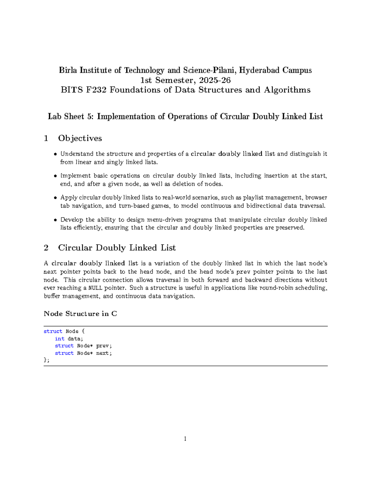 BITS F232 Lab Sheet 5: Circular Doubly Linked List Operations - Studocu