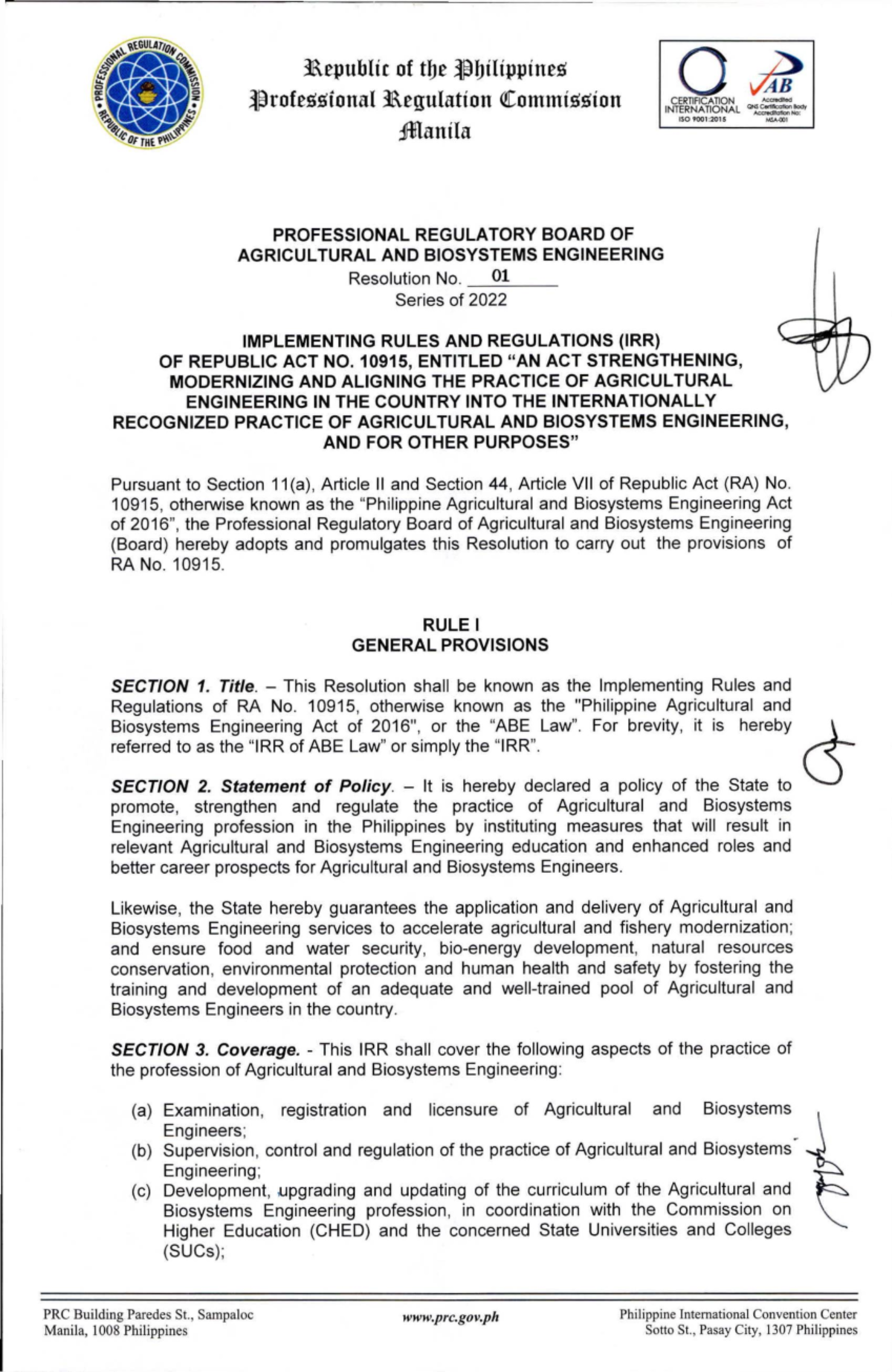 Implementing Rules and Regulations of RA No. 10915 for Agricultural ...