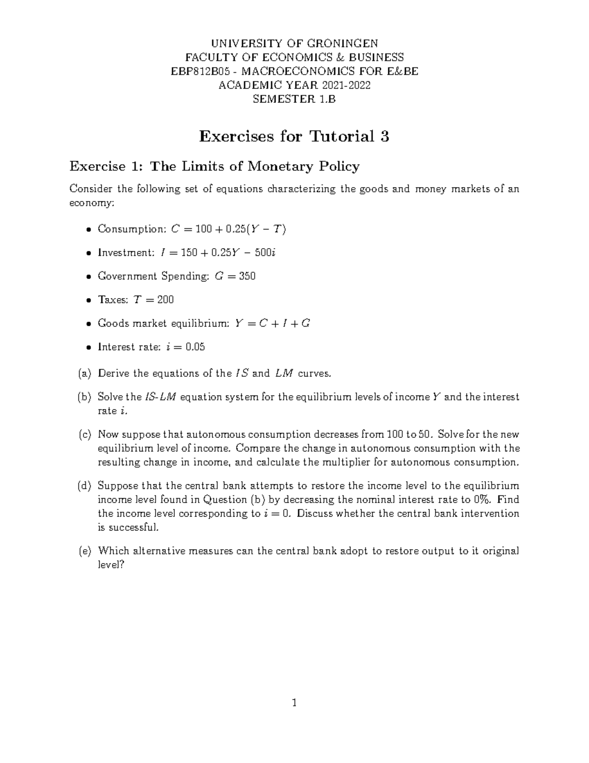 Tutorial Exercises for Week 3 - EBP812B05 Macroeconomics - Studeersnel