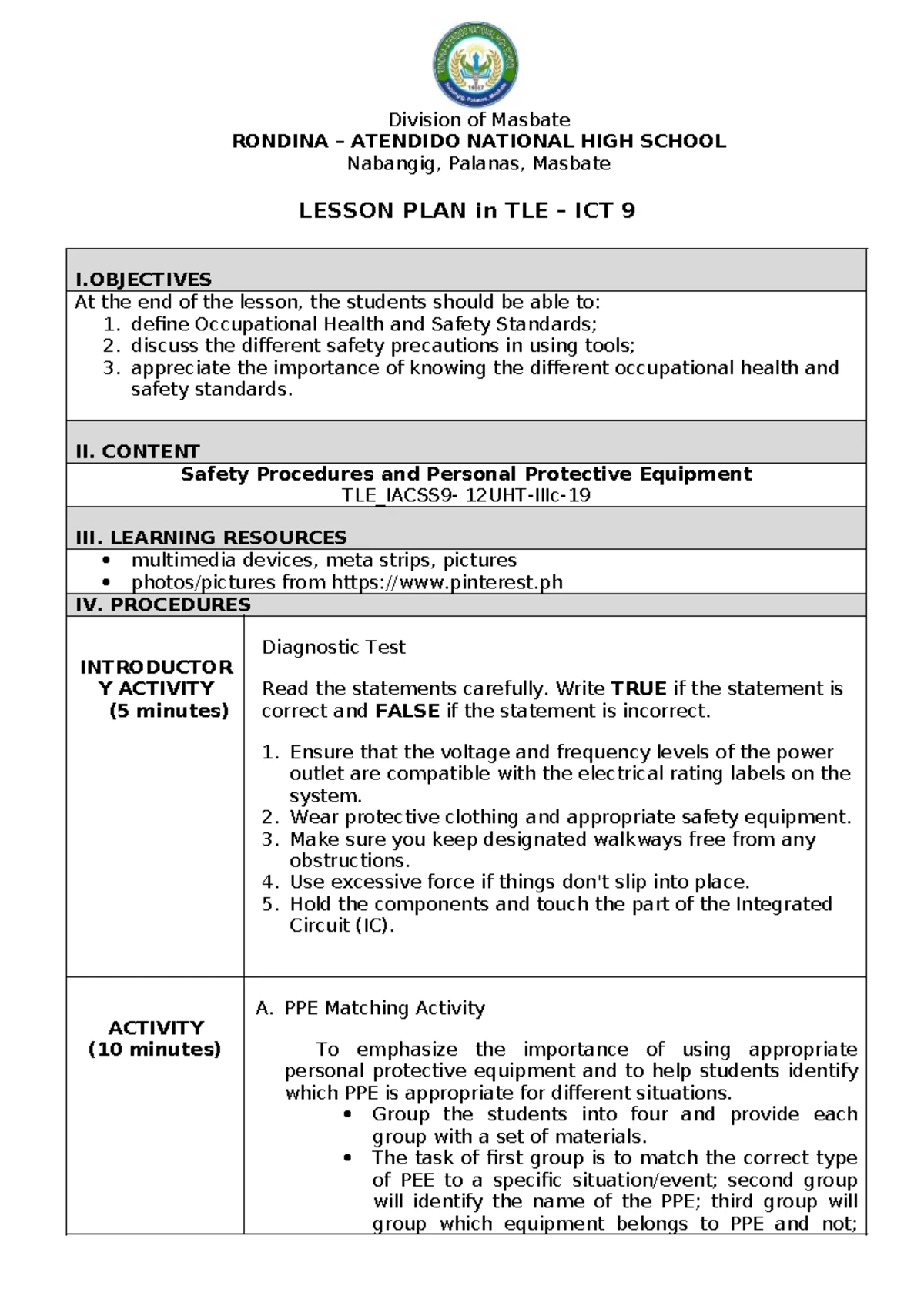 TLE 8 Lesson Plan: Understanding Computer Parts & Risk Assessment - Studocu