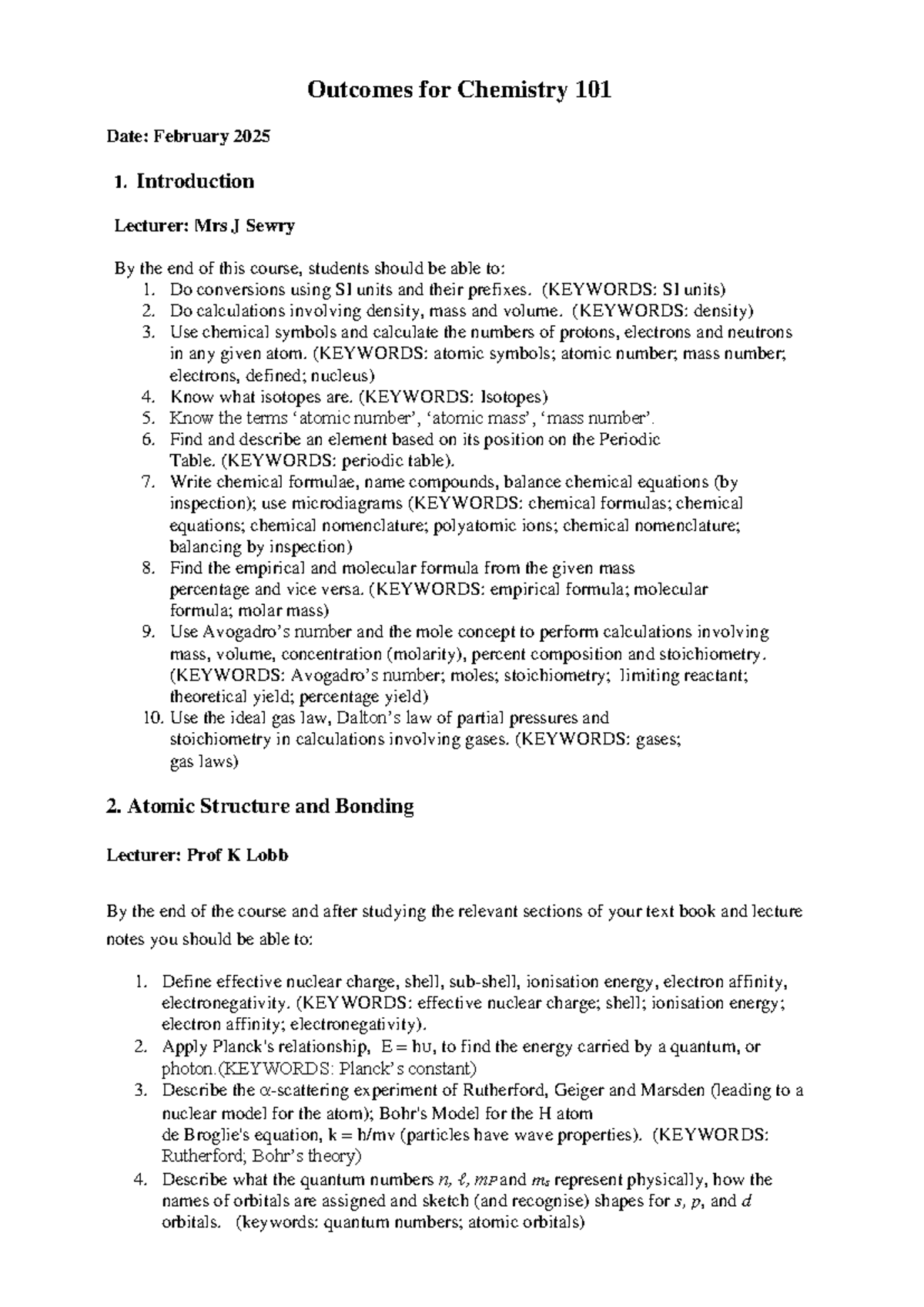Chemistry 101: Course Outcomes and Key Concepts - Studocu