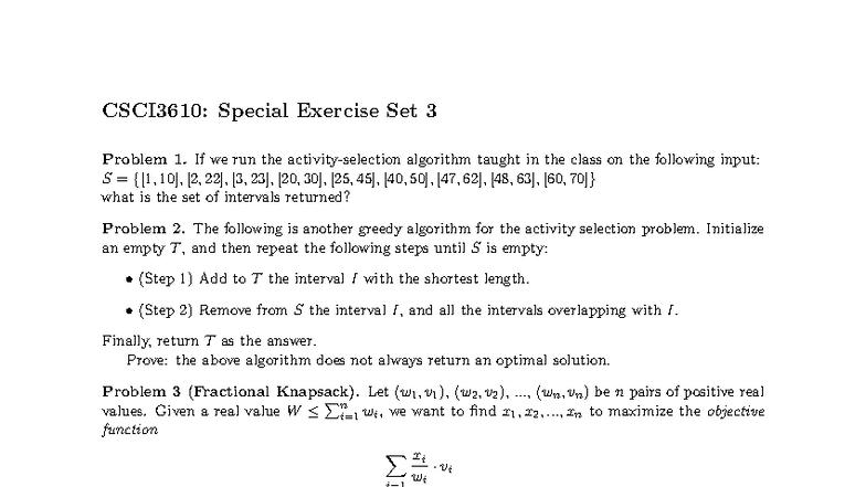 CSCI3610: Special Exercise Set 3 - Greedy Algorithms Analysis - Studocu