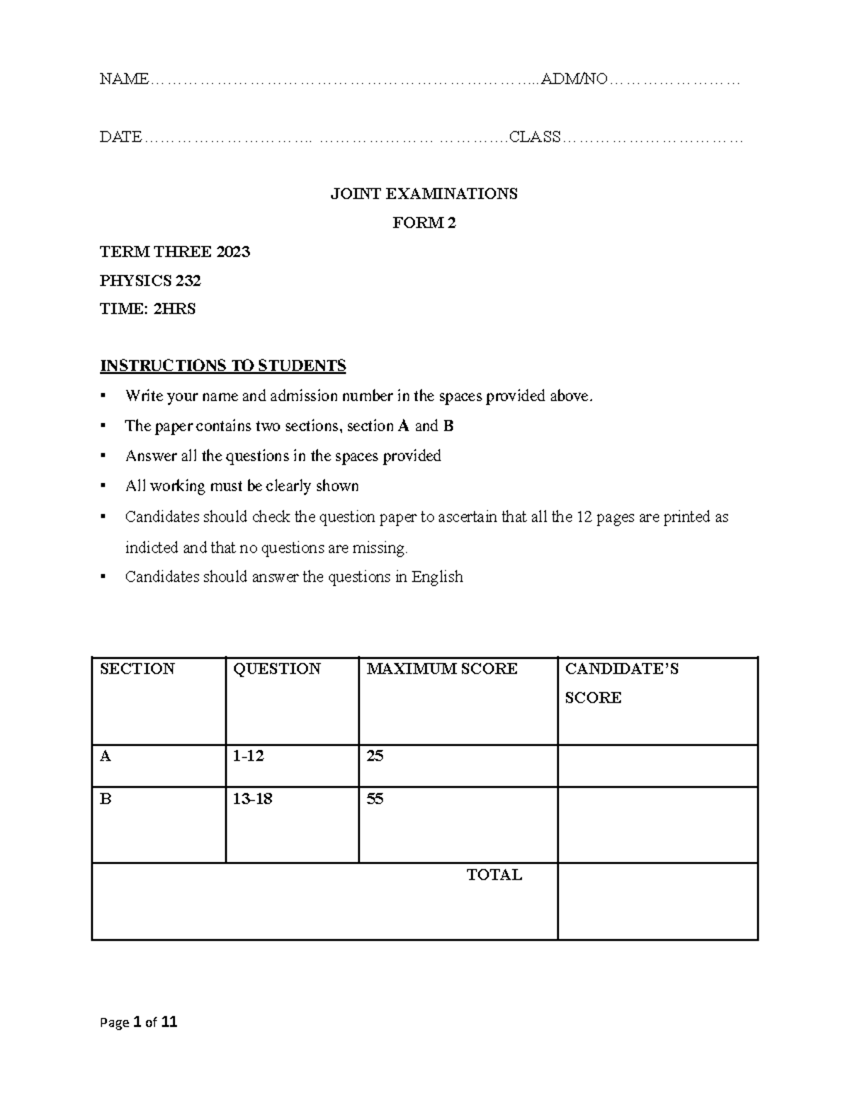 F2 Physics 232 Joint Exam Questions Term 3 2023 - Studocu