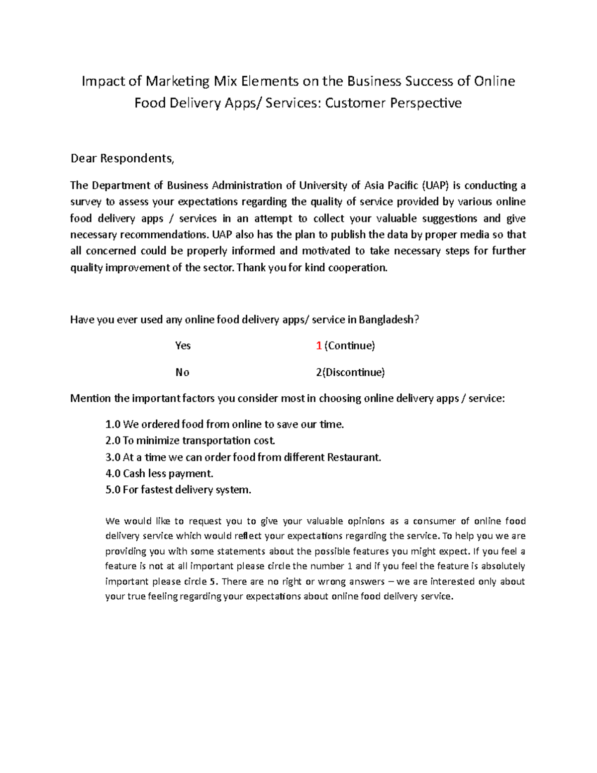 Questionnaire on Customer Expectations for Online Food Delivery ...