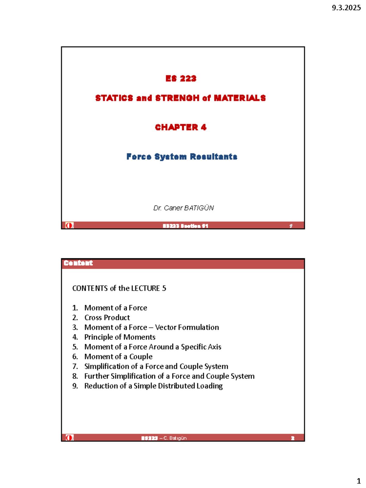 ES 223 Lecture 04 Force System Resultants - ES223 Section 01 1 ES 223 ...