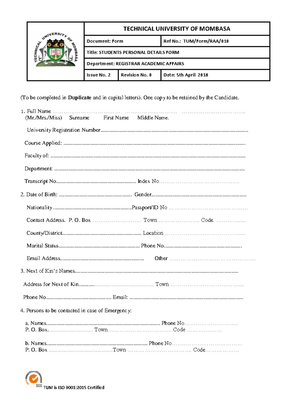 TUM Personal Details Form - Registrar Academic Affairs (Issue 2) - Studocu