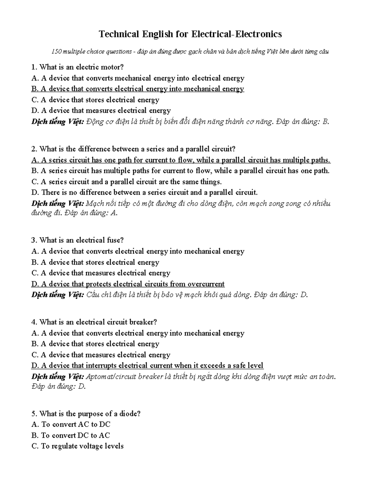 Technical English for Electrical-Electronics: 150 MCQs with Answers and ...