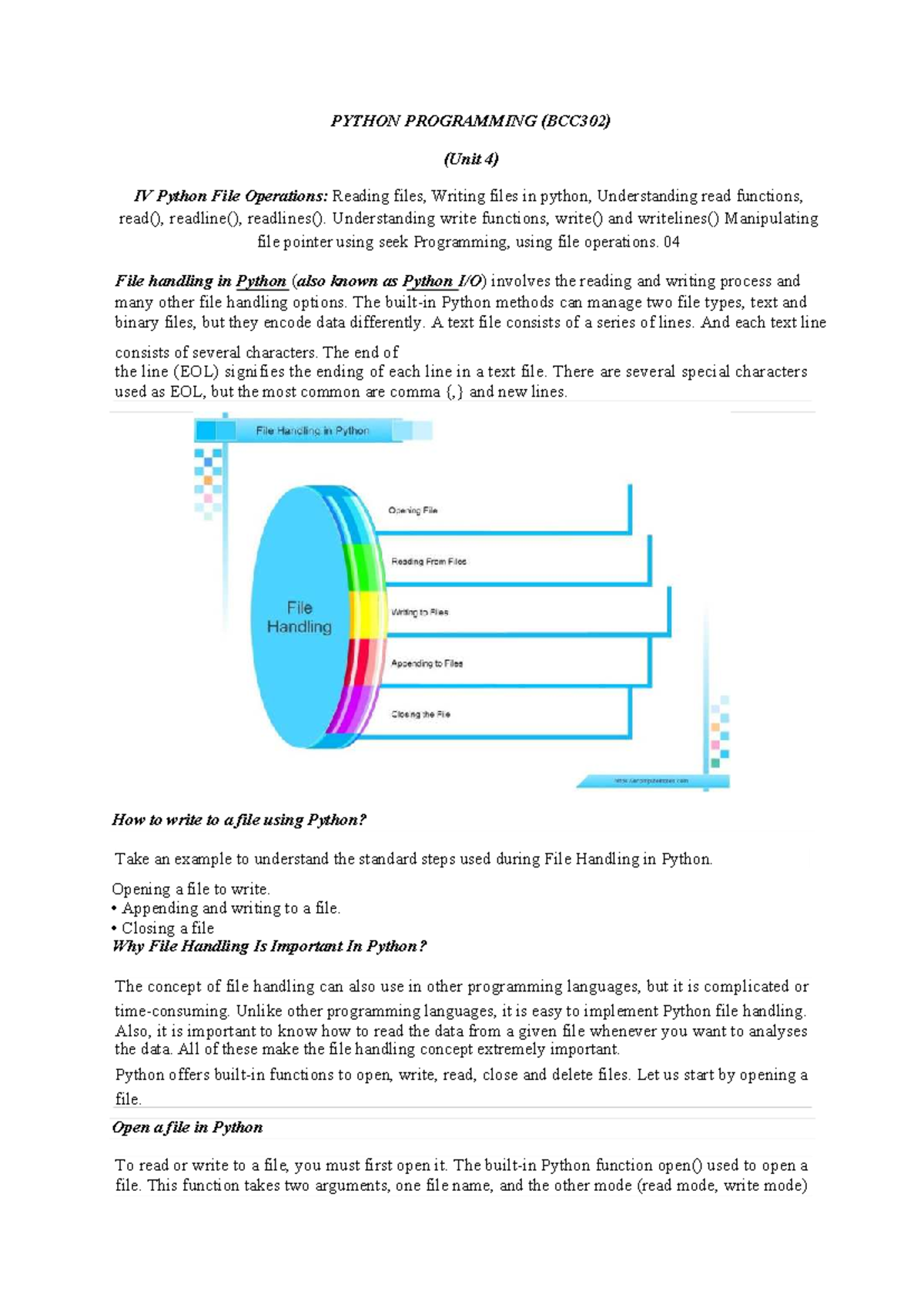 PYTHON PROGRAMMING (BCC302) Unit 4: File Operations in Python - Studocu