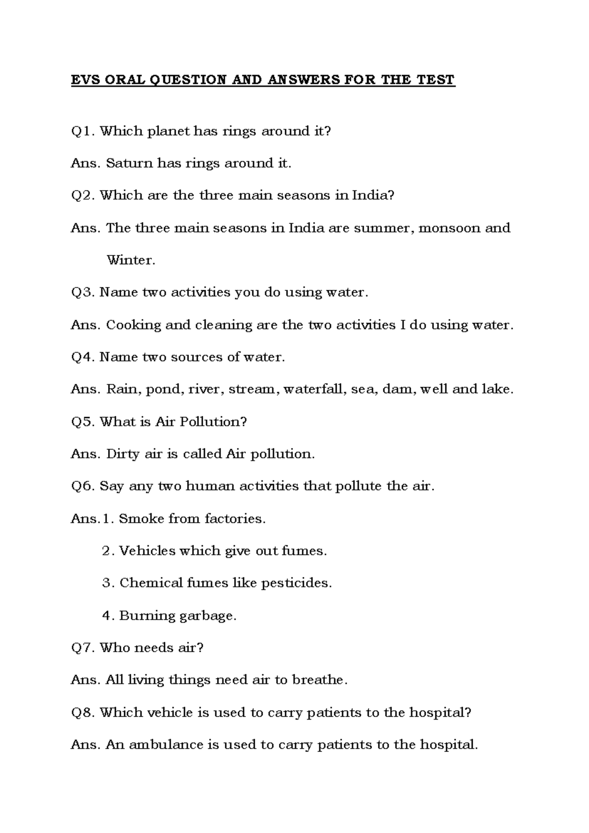EVS Oral Q&A for Test: Key Concepts and Answers - Studocu