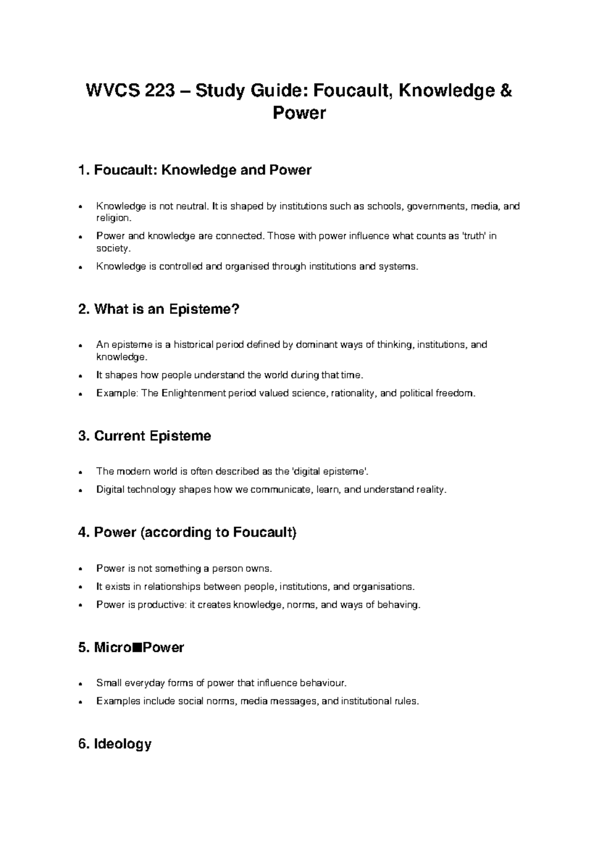 WVCS 223 Study Guide: Foucault on Knowledge and Power - Studocu